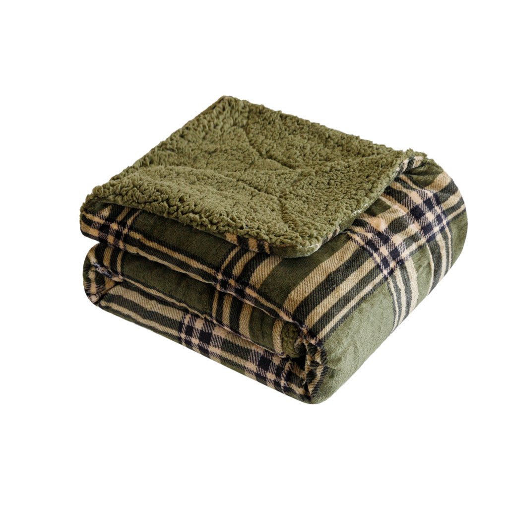 50'' X 60'' Green Cream and Black Velvet Plaid Plush Throw Blanket