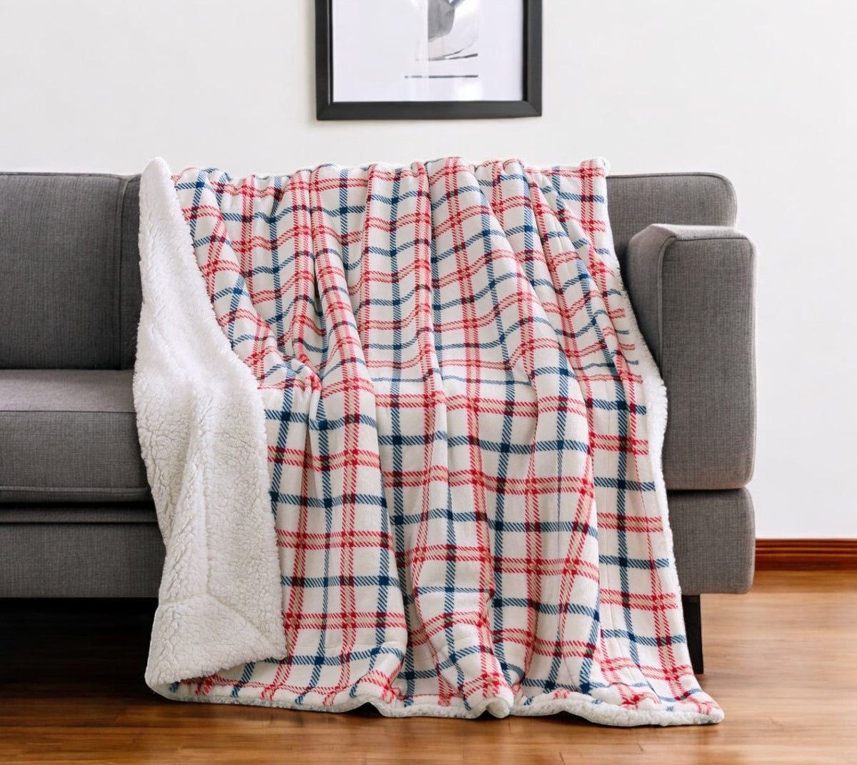 50'' X 60'' Red White and Blue Velvet Plaid Plush Throw Blanket