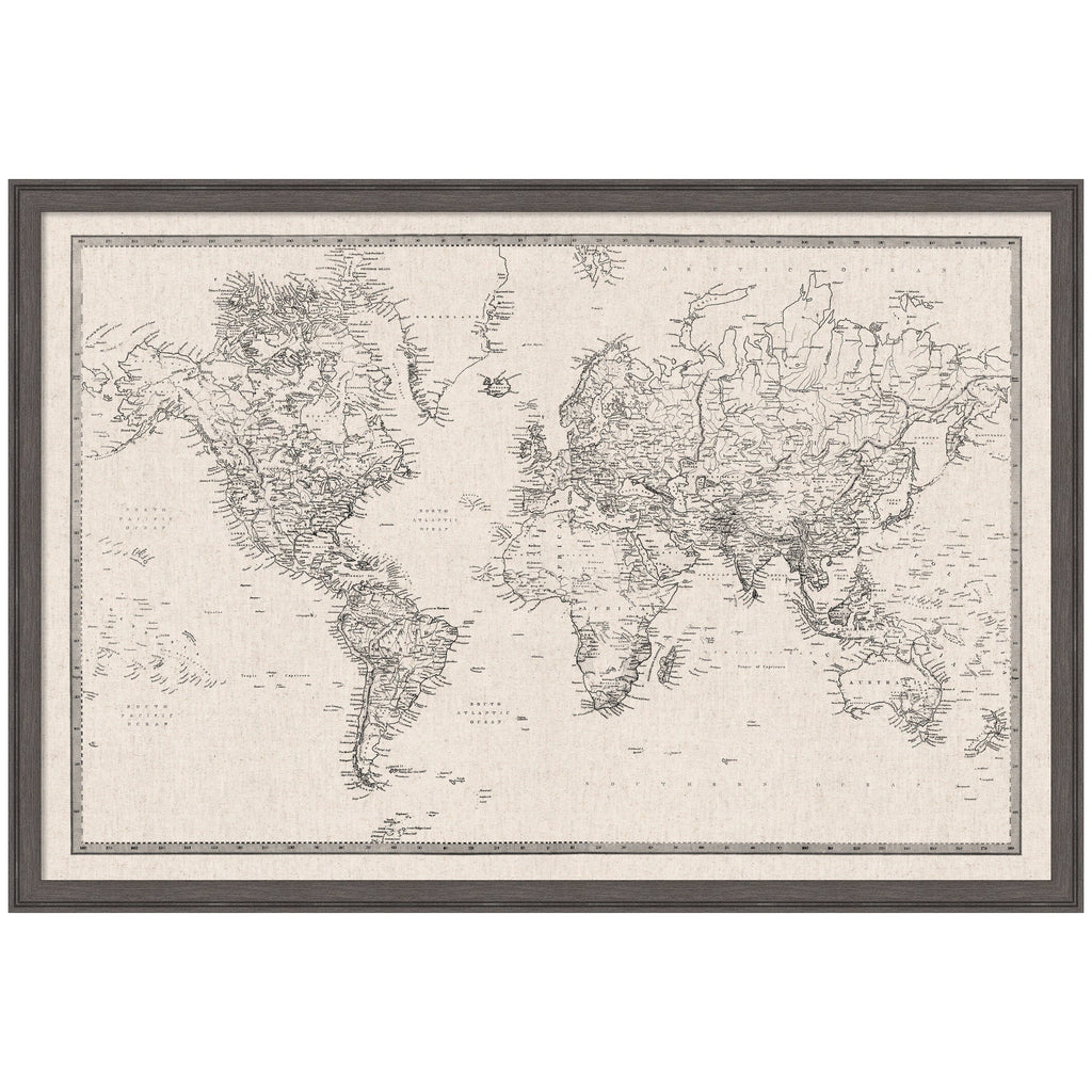 Framed Fabric Pinboard Vintage Black and White Linen World Map Wall Organization
