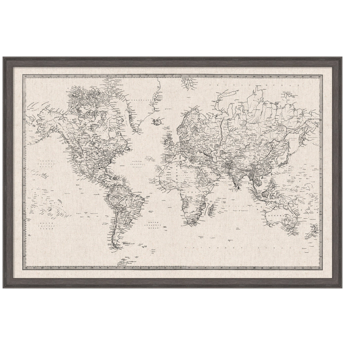 Framed Fabric Pinboard Vintage Black and White Linen World Map Wall Organization