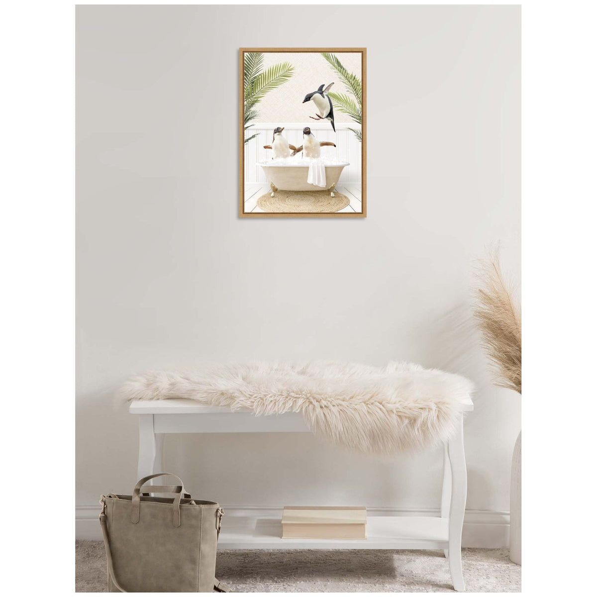 Sylvie Penguins in Palm Bathtub Framed Canvas by Amy Peterson