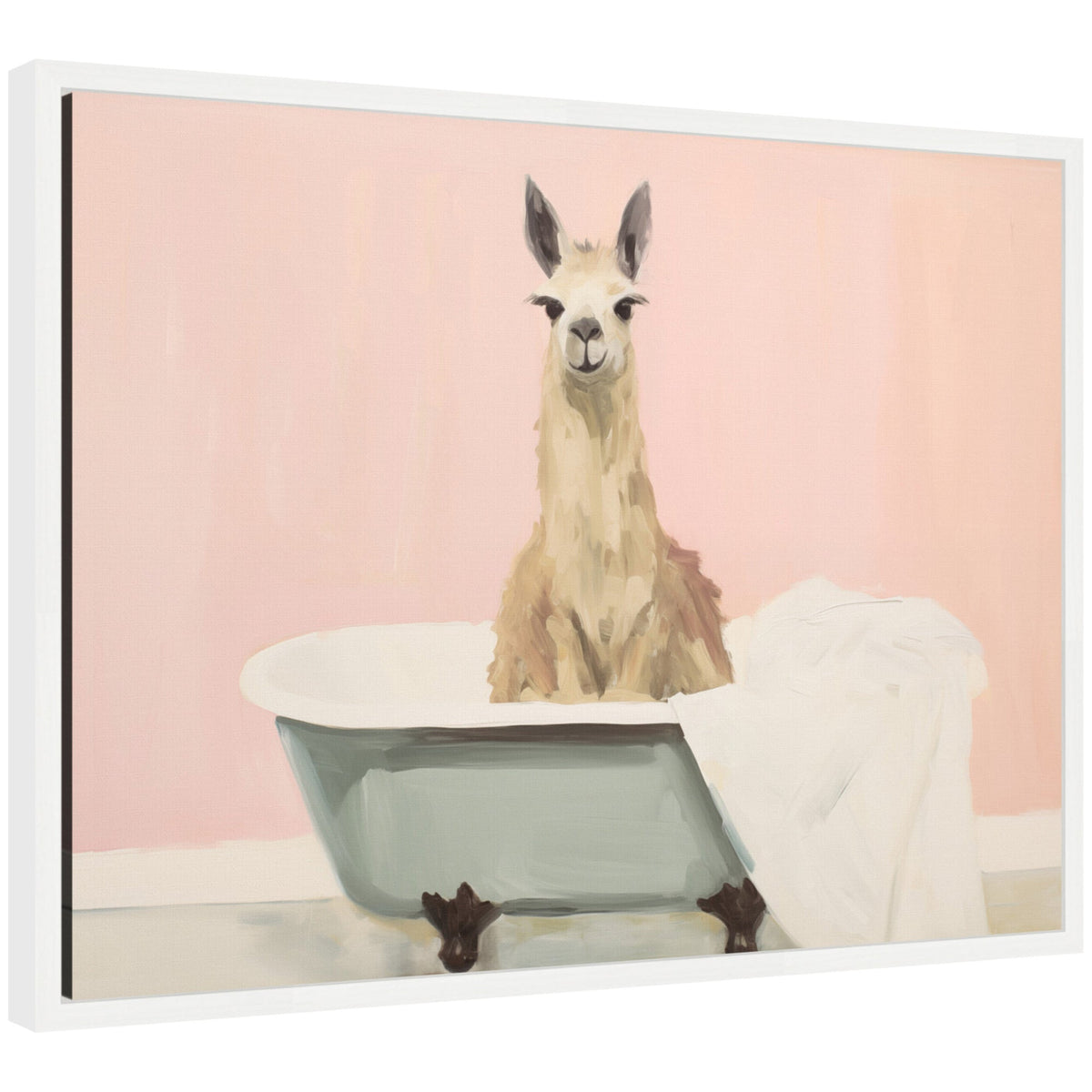Sylvie Charming Boho Cottage Farmhouse Llama in Bathtub Framed Canvas by The Creative Bunch Studio