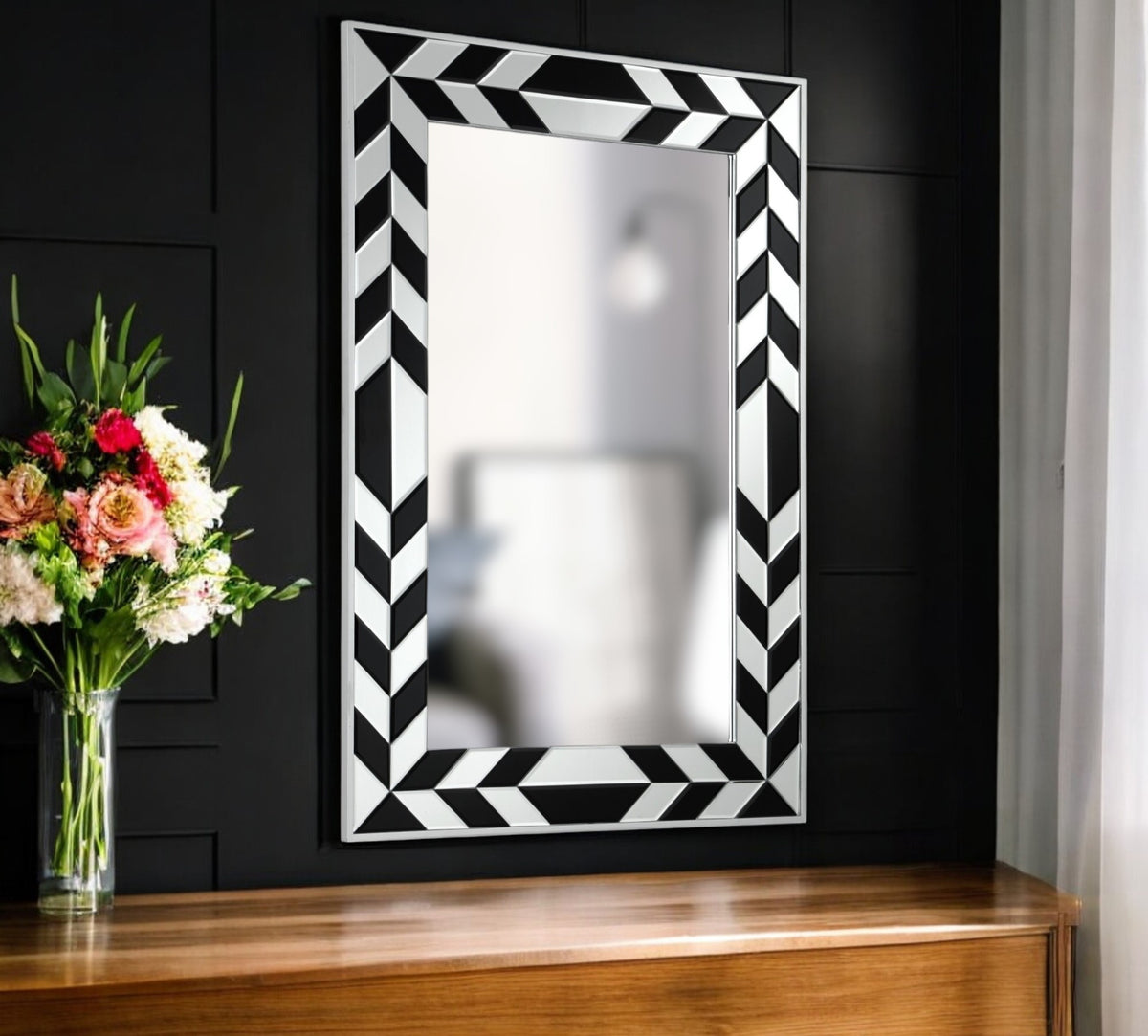 47'' Silver And Black Mosaic Glass Framed Accent Mirror