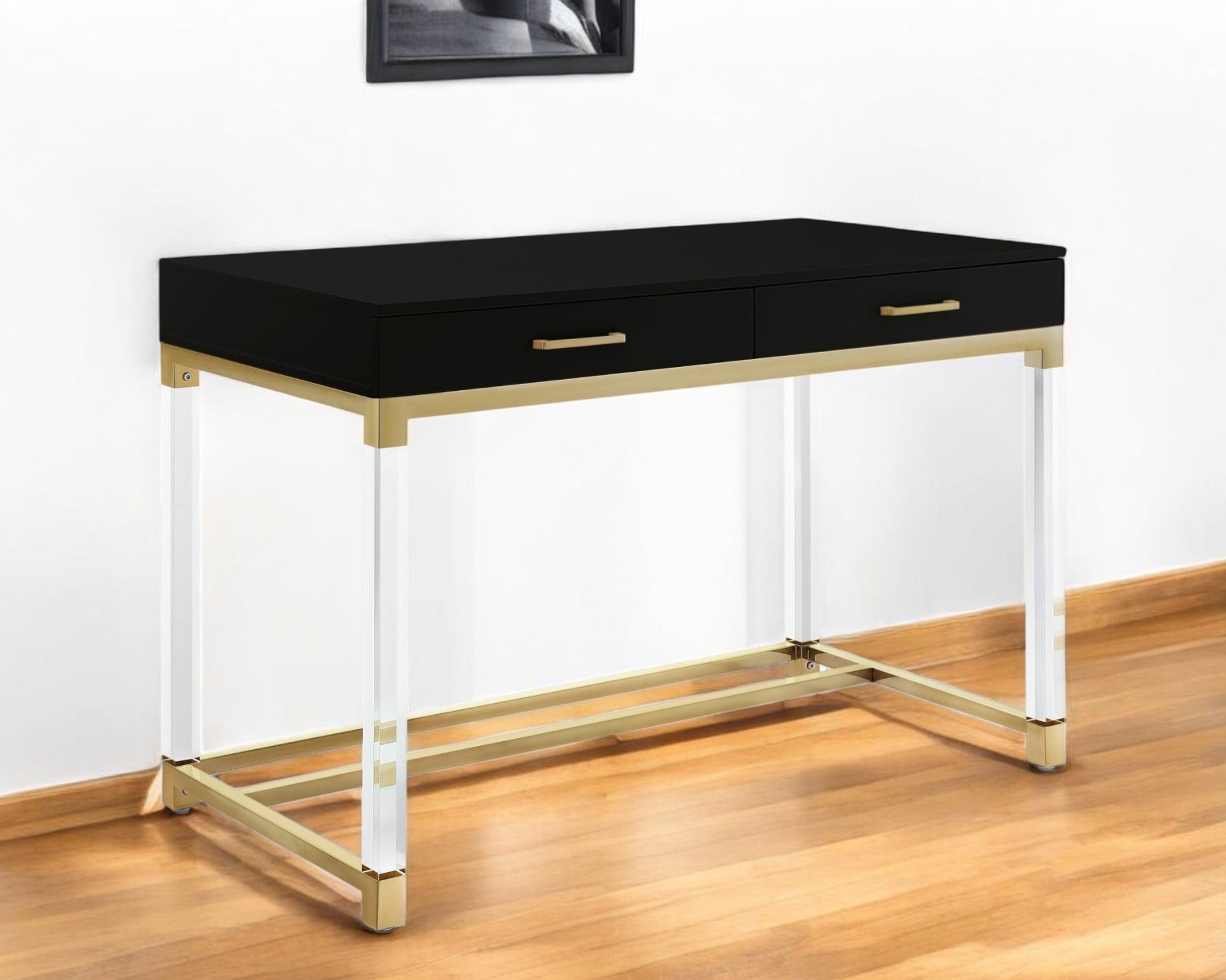 48'' Black Clear and Gold Wood Acrylic and Stainless Steel Writing Desk With Two Drawers
