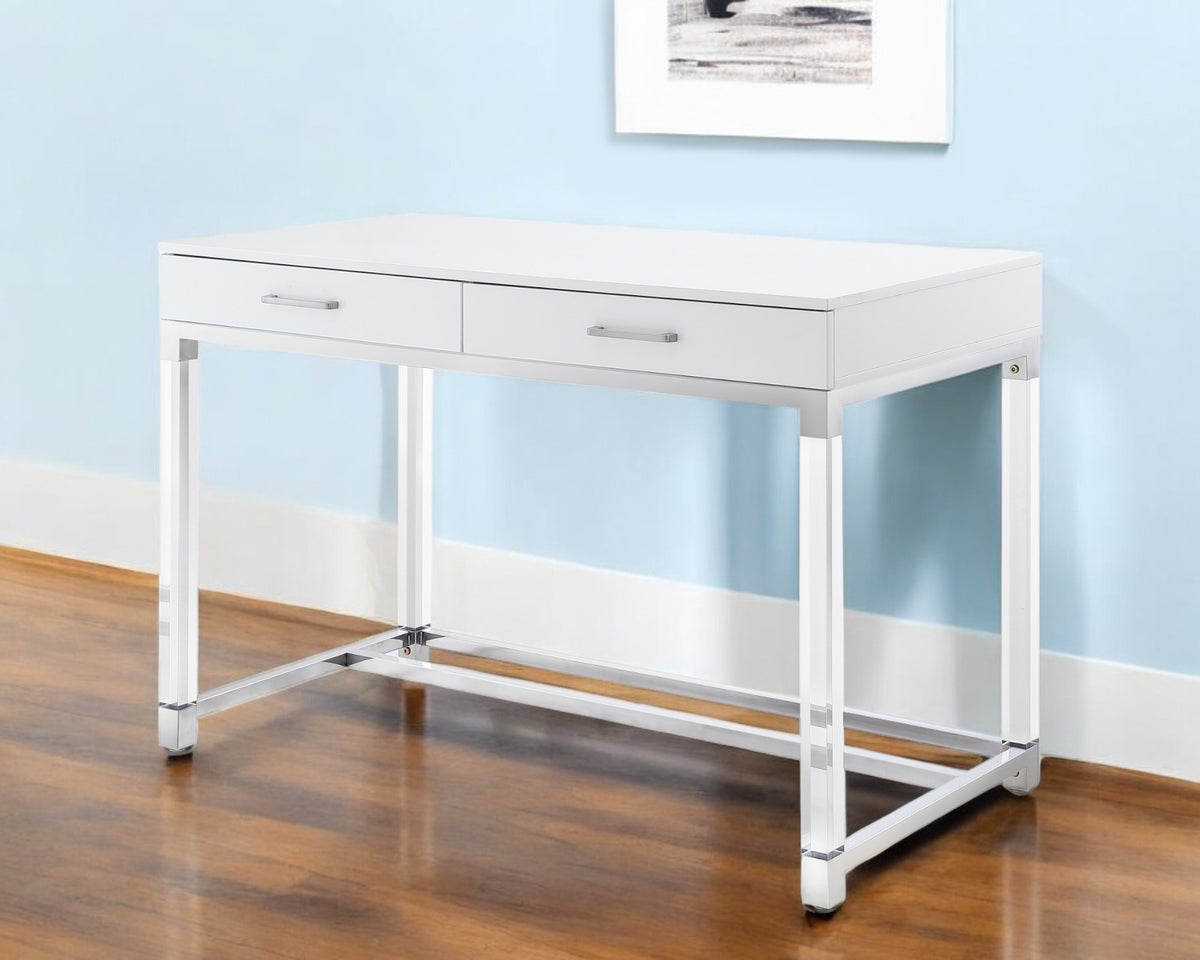 48'' White Clear and Silver Wood Acrylic and Stainless Steel Writing Desk With Two Drawers