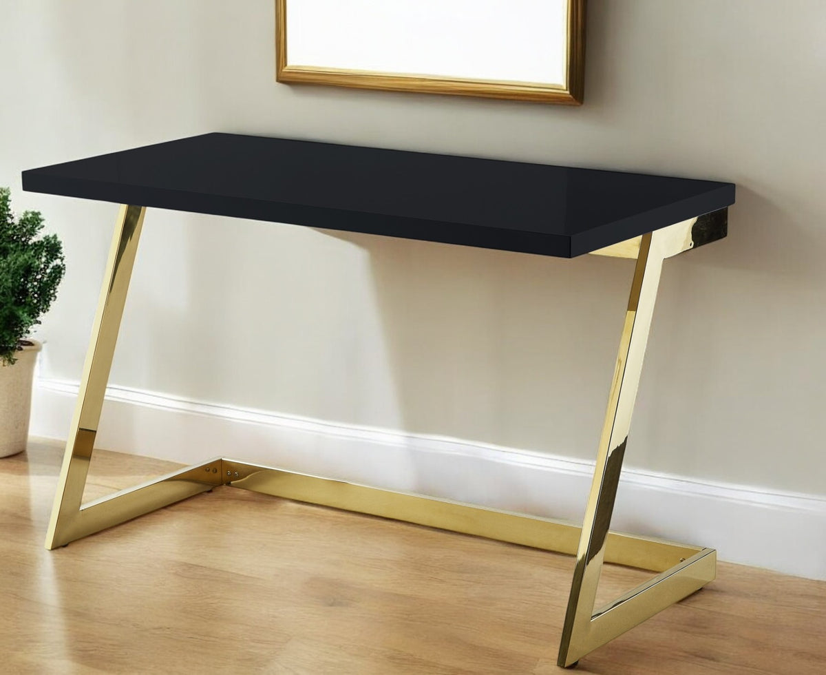 47'' Black and Gold Wood and Stainless Steel Sled Writing Desk