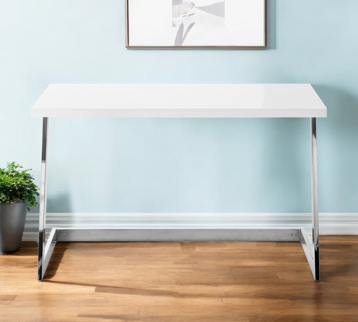 47'' White and Silver Wood and Stainless Steel Sled Writing Desk