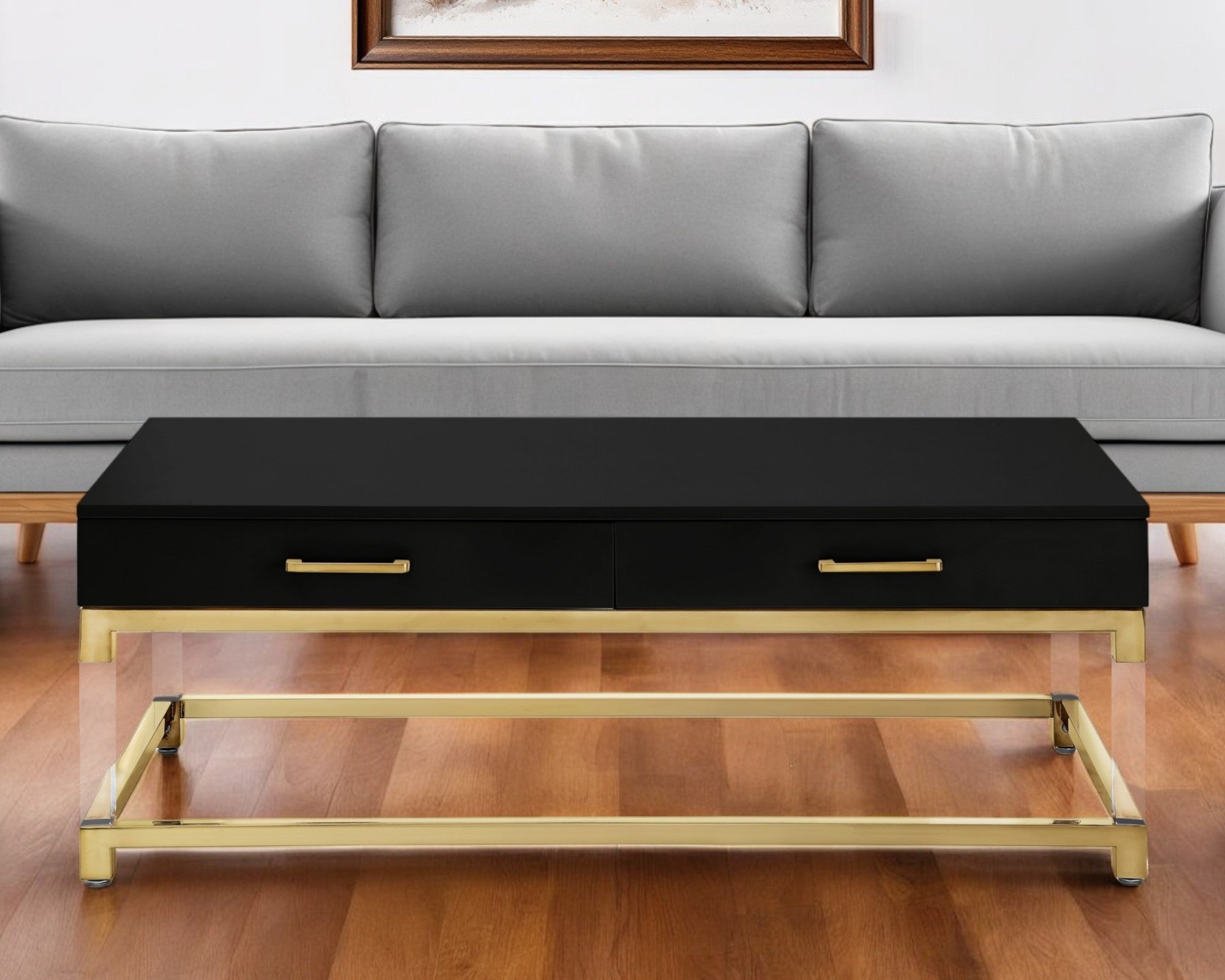 47'' Black Gold And Clear Wood Acrylic And Steel Coffee Table