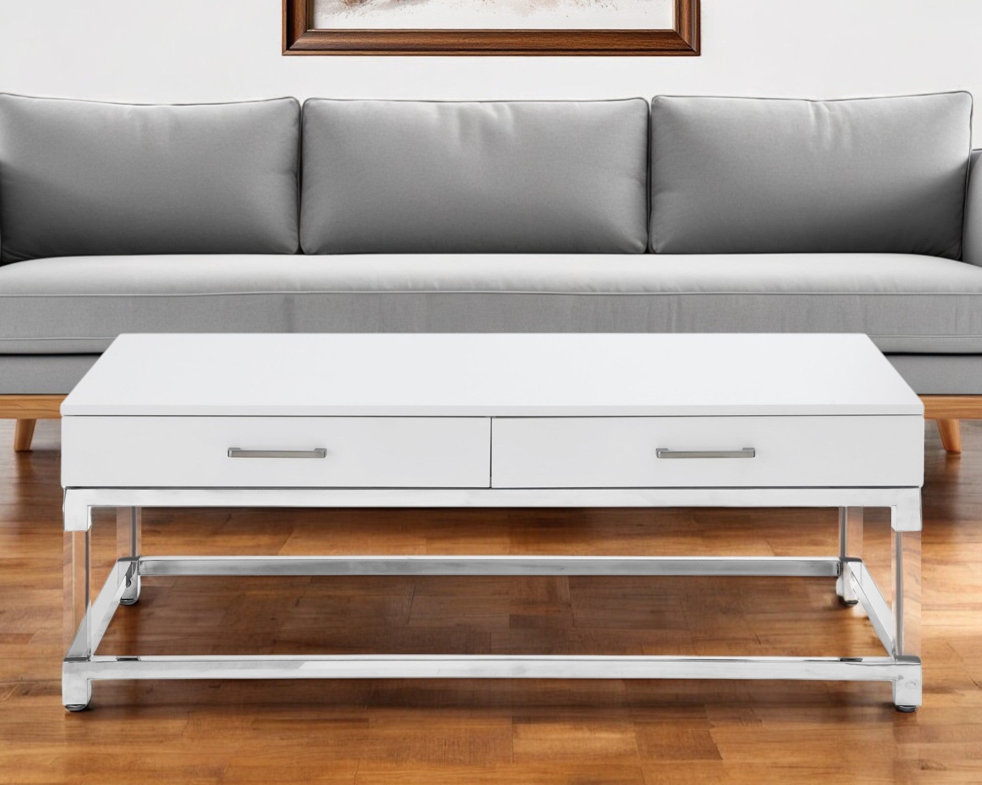 47'' White Silver And Clear Wood Acrylic And Steel Coffee Table