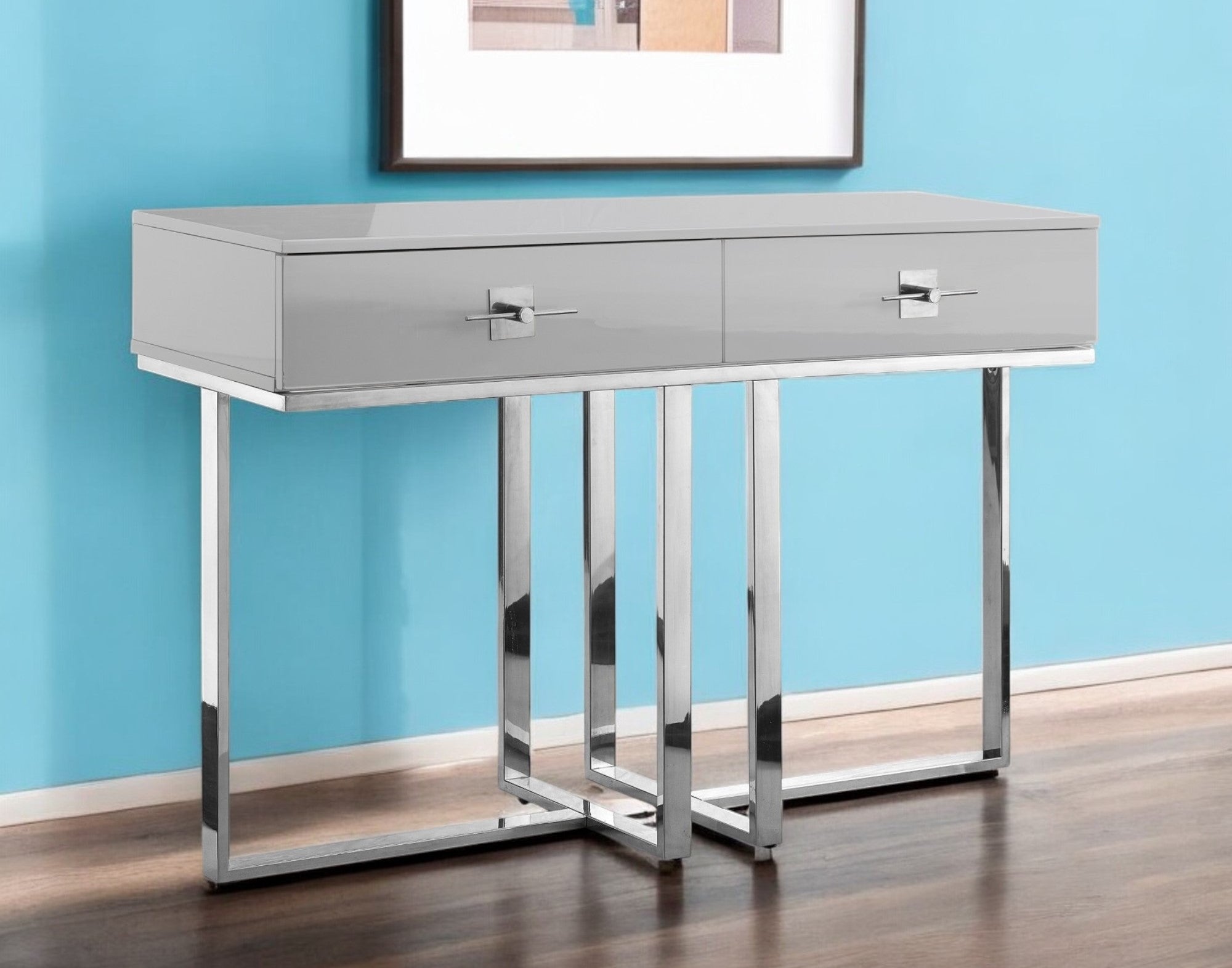 47'' Light Gray and Silver Wood and Stainless Steel Sled Console Table With Two Drawers