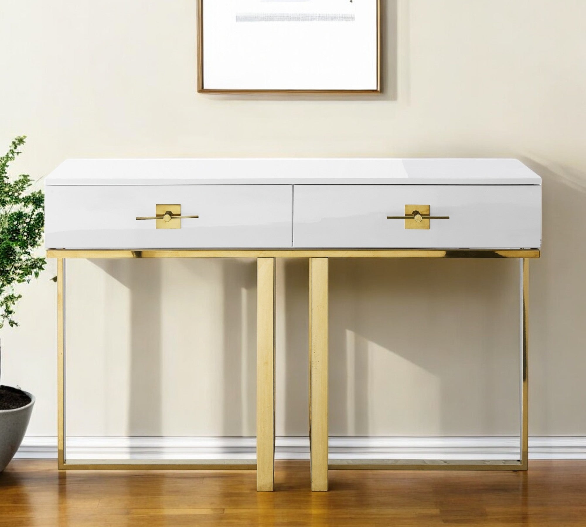 47'' White Wood and Gold Stainless Steel Sled Console Table With Two Drawers