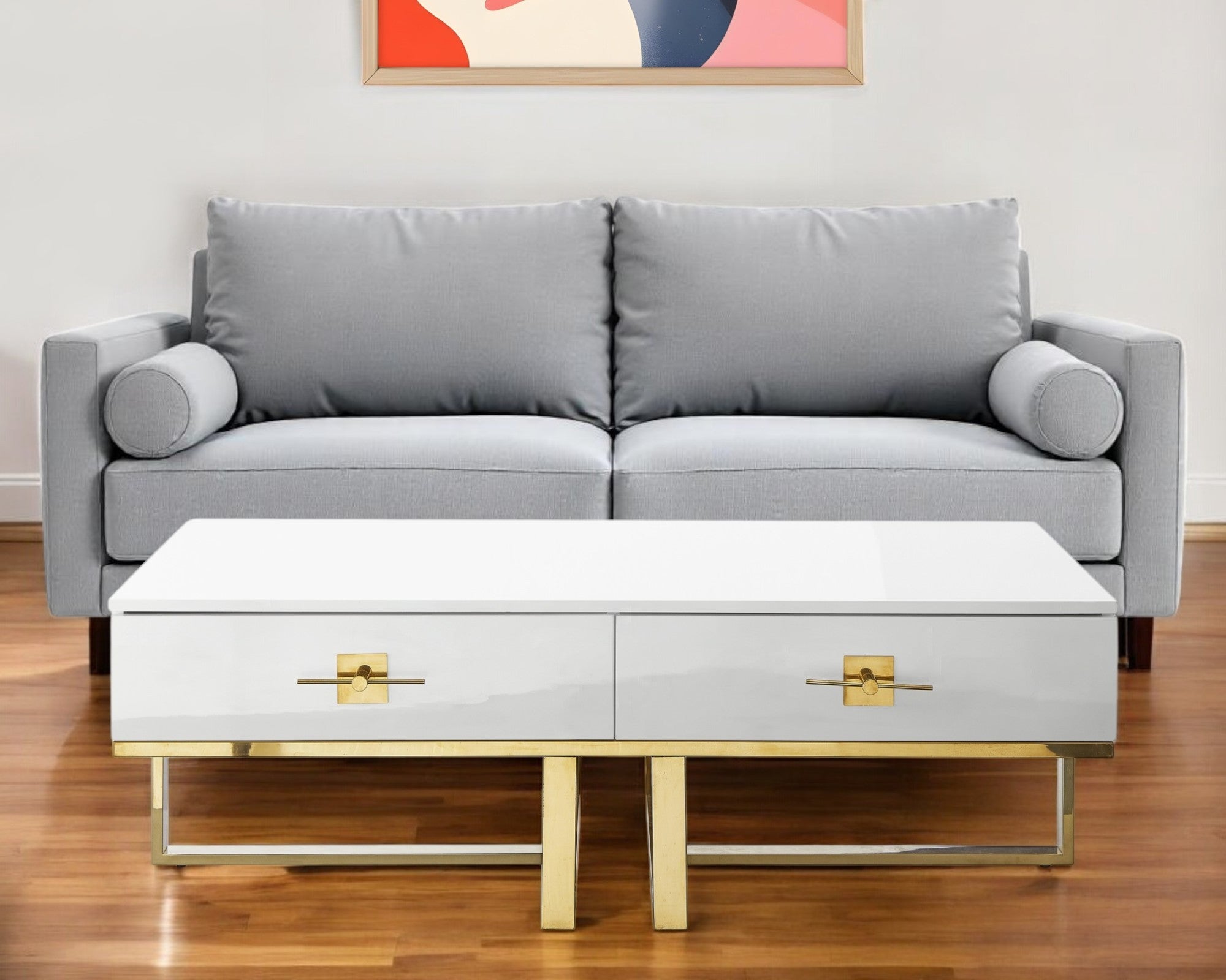 47'' White And Gold Stainless Steel Coffee Table With Two Drawers
