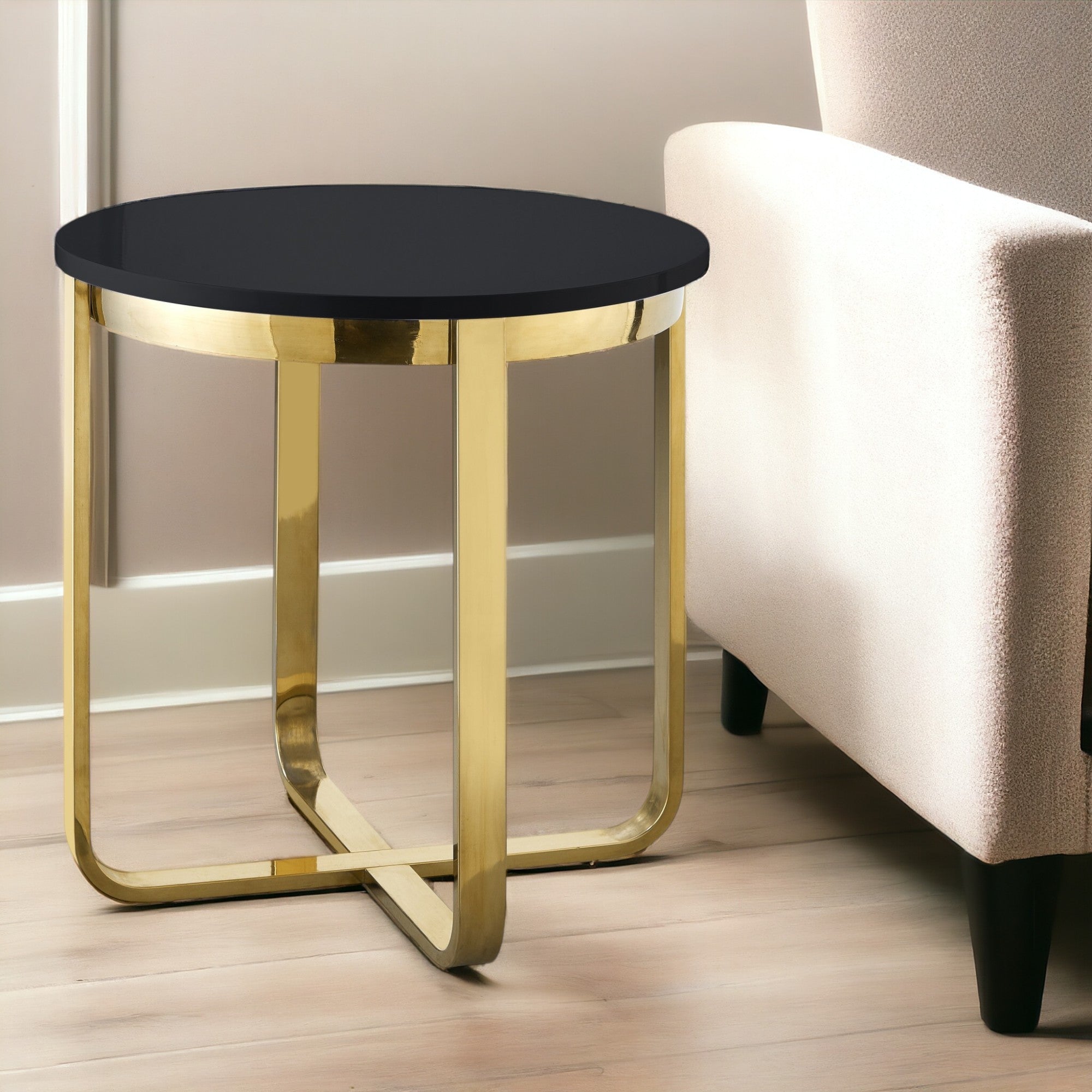 22'' Black and Gold Wood and Stainless Steel Round Cross Legs End Table
