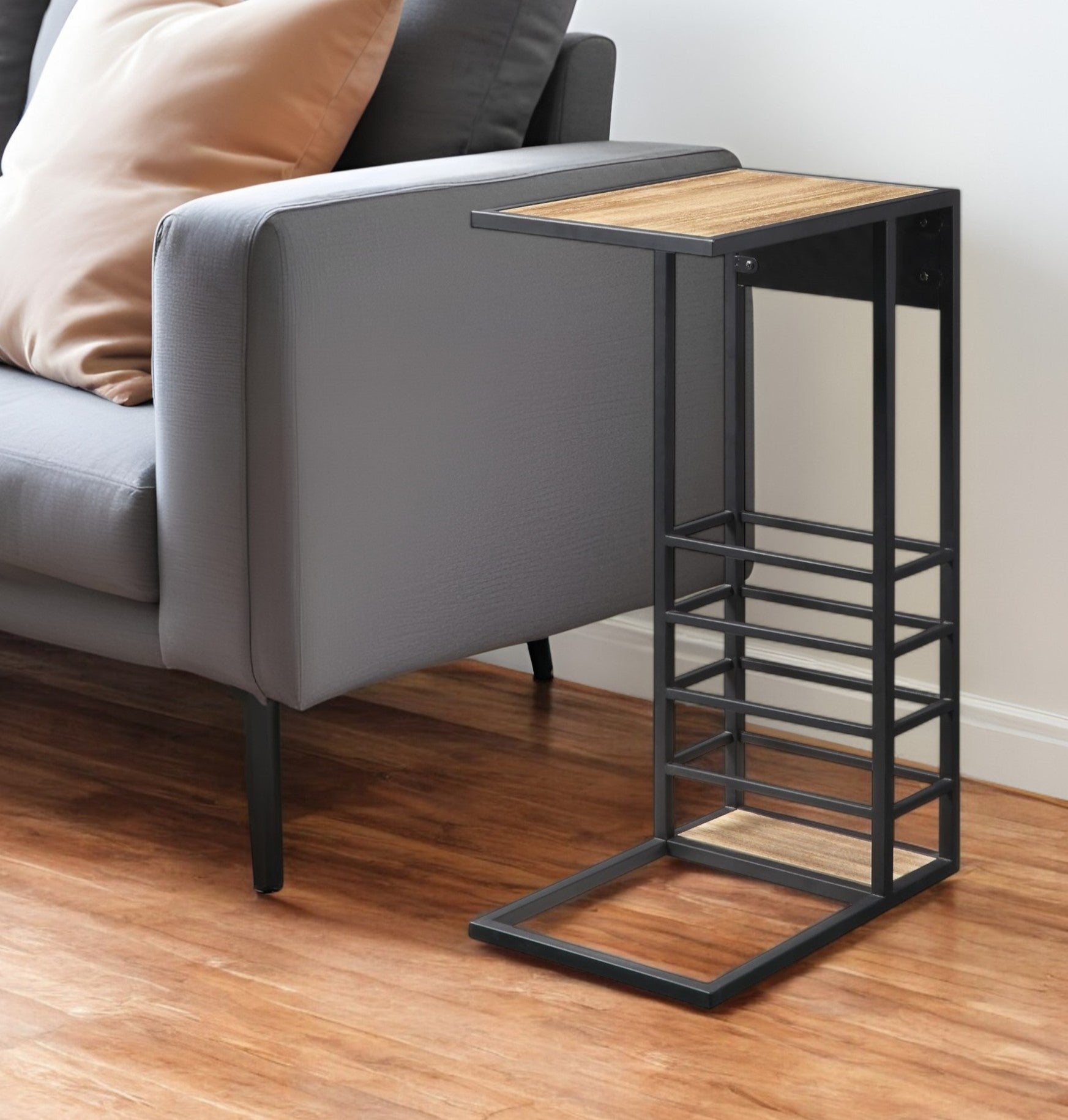 26'' Brown and Black Wood and Iron C Table End Table With Magazine Holder And USB Port
