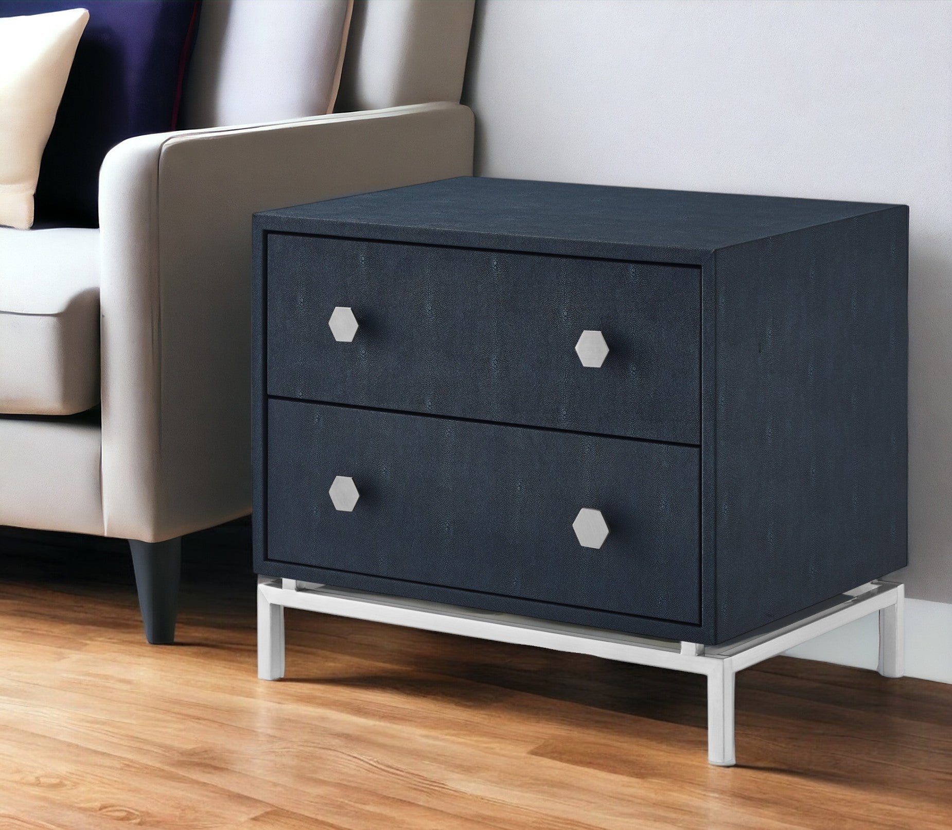 21'' Navy Blue and Silver Faux Leather Wood and Stainless Steel End Table With Two Drawers