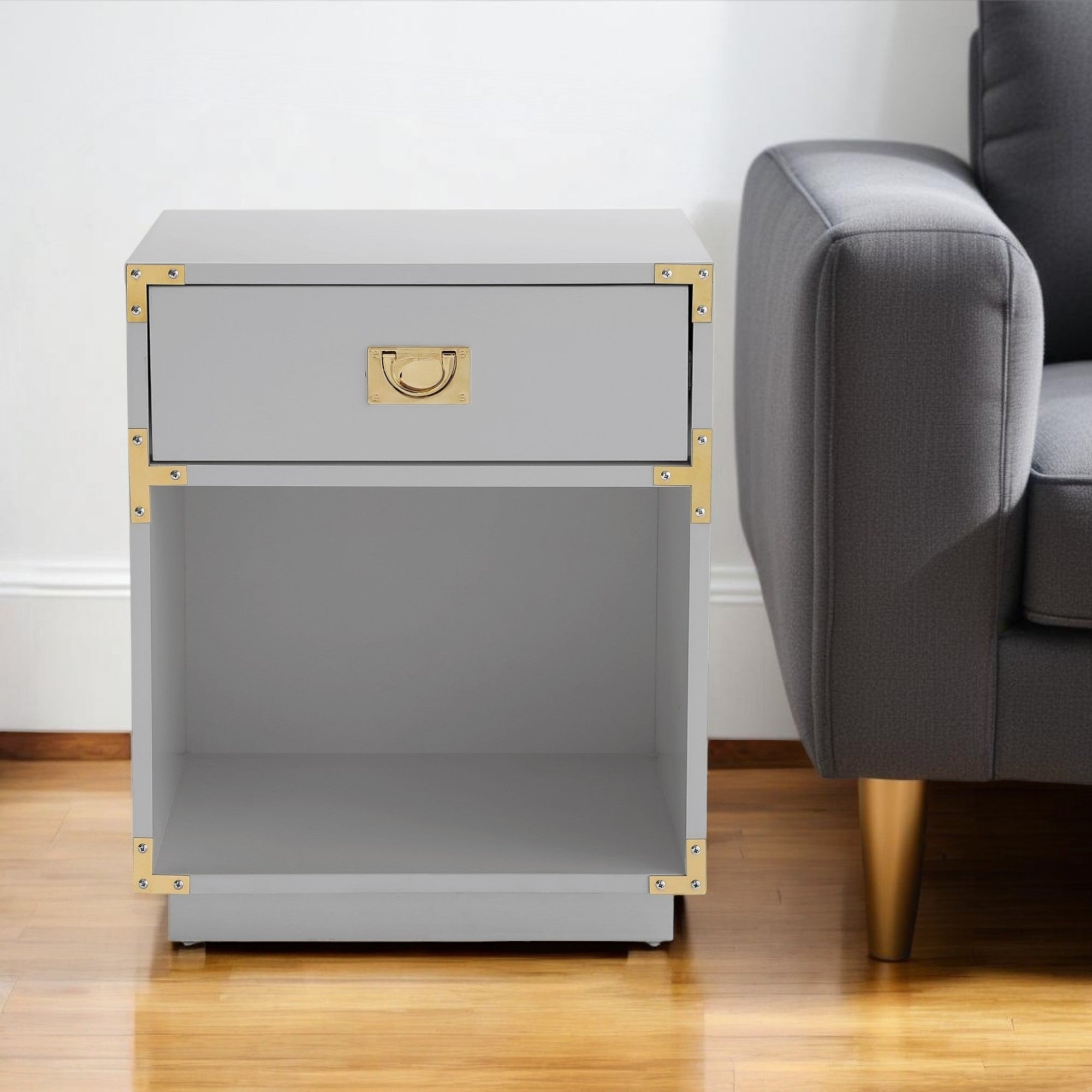 24'' Light Gray Wood Block End Table With Drawer And Shelf