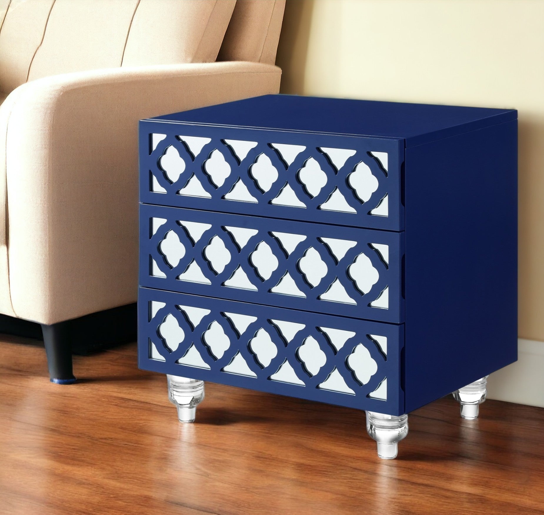 24'' Navy Blue and Clear Wood and Acrylic End Table With Three Drawers