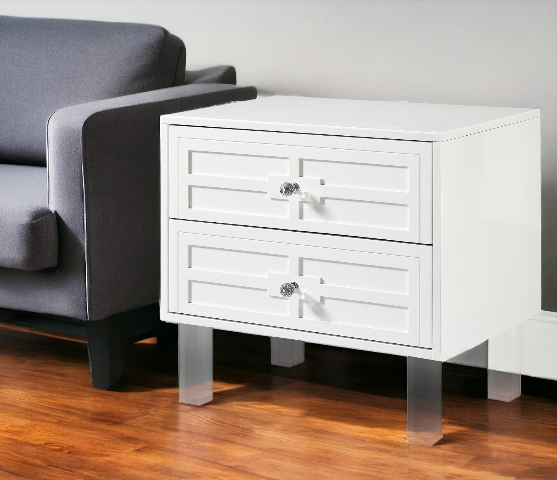 24'' White and Clear Wood and Acrylic End Table With Two Drawers