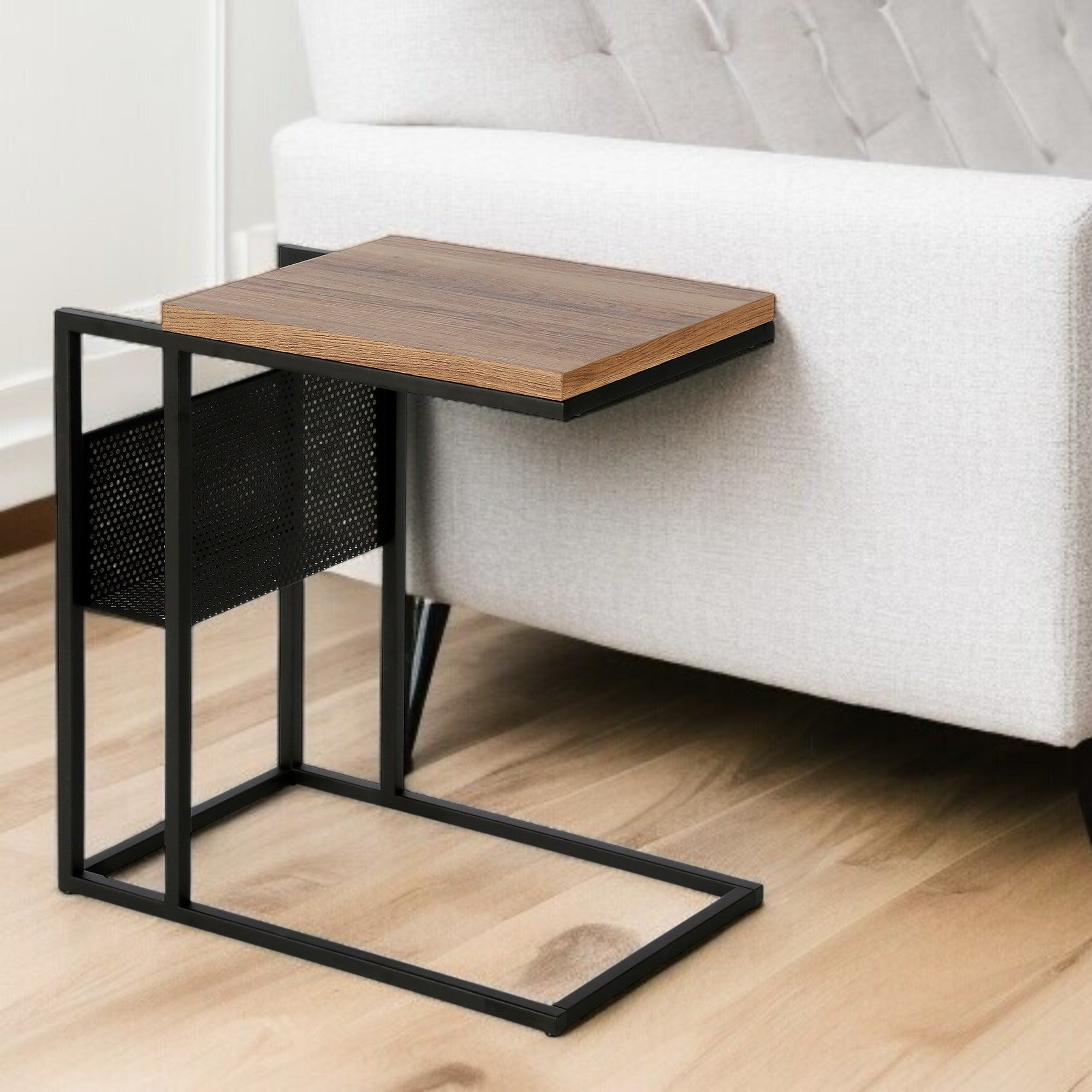 22'' Brown and Black Wood and Steel End Table With Magazine Holder