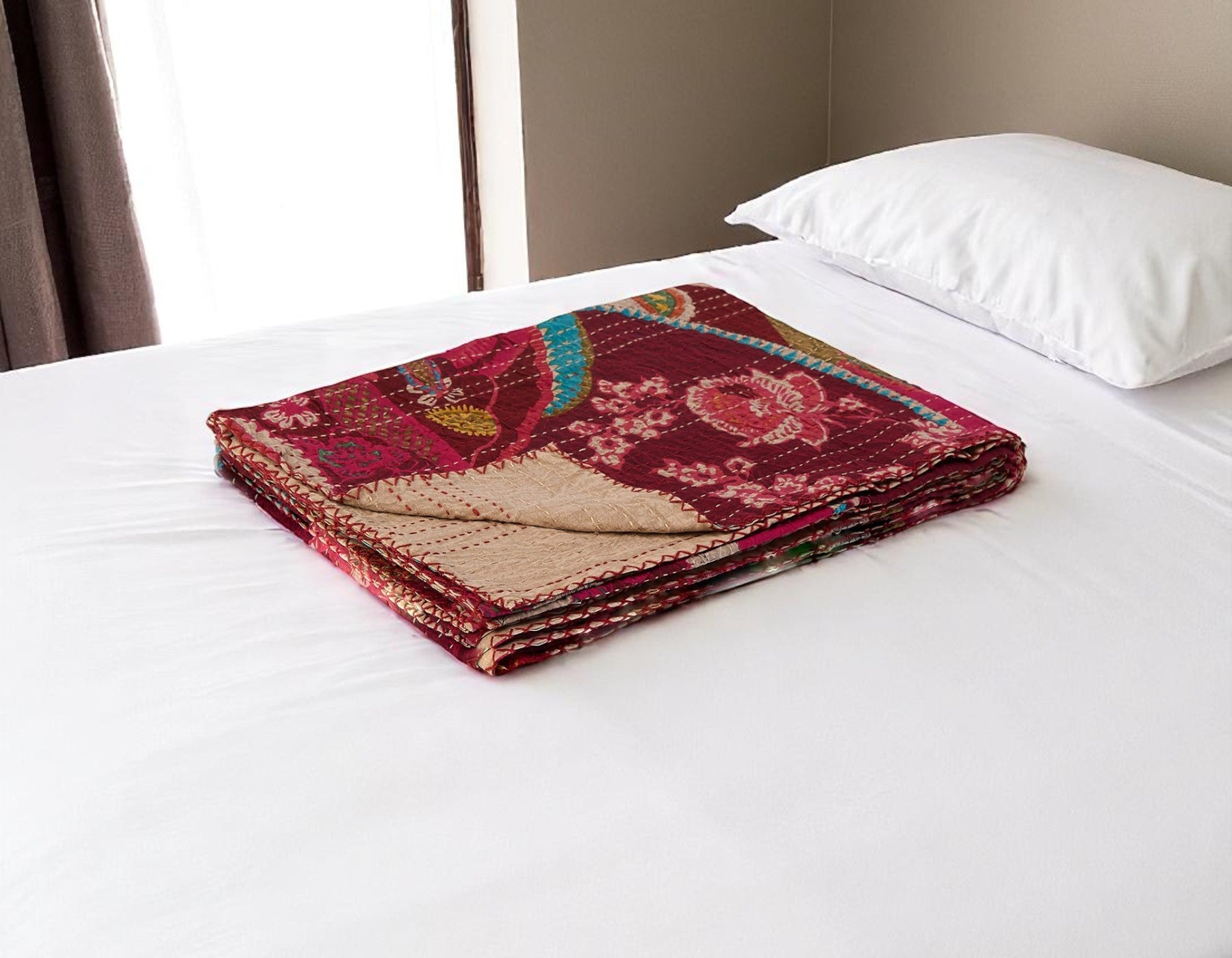 50 X 70 Red Floral Cotton Quilted Kantha Throw Blanket with Embroidery
