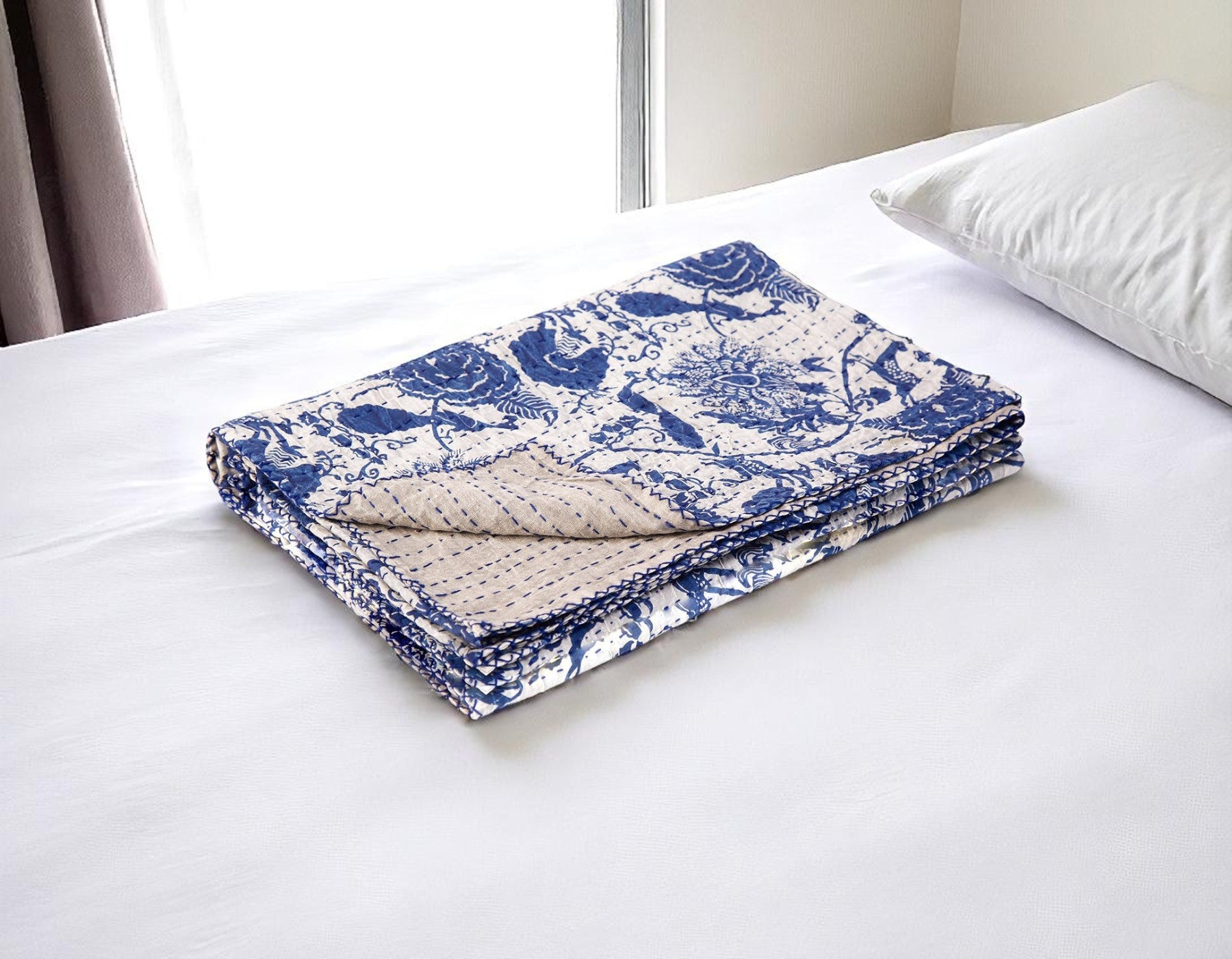 50 X 70 Blue And White Floral Cotton Quilted Kantha Throw Blanket with Embroidery
