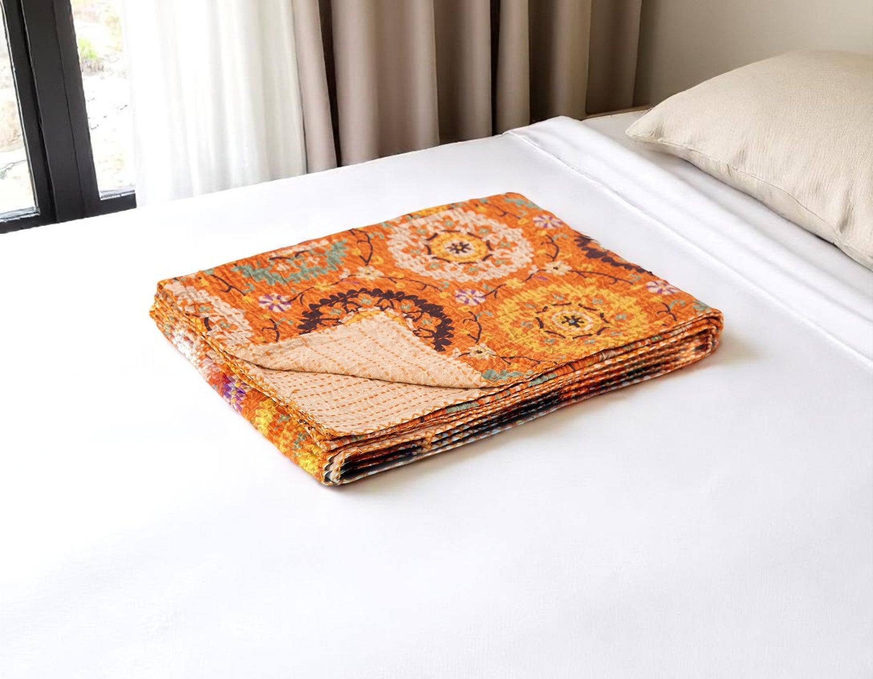 50 X 70 Orange And Yellow Floral Cotton Quilted Kantha Throw Blanket with Embroidery