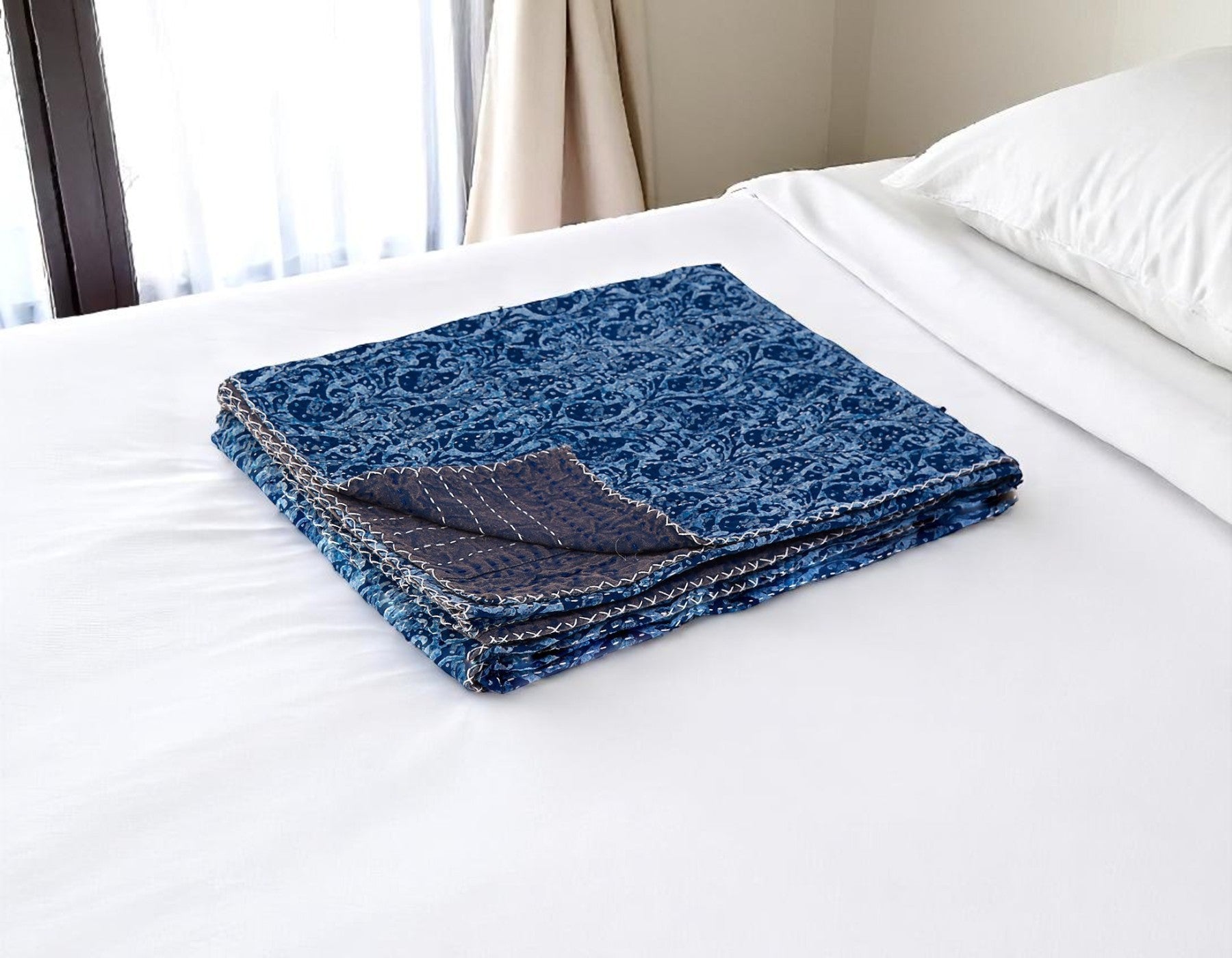 50 X 70 Blue Paisley Cotton Quilted Kantha Throw Blanket with Embroidery