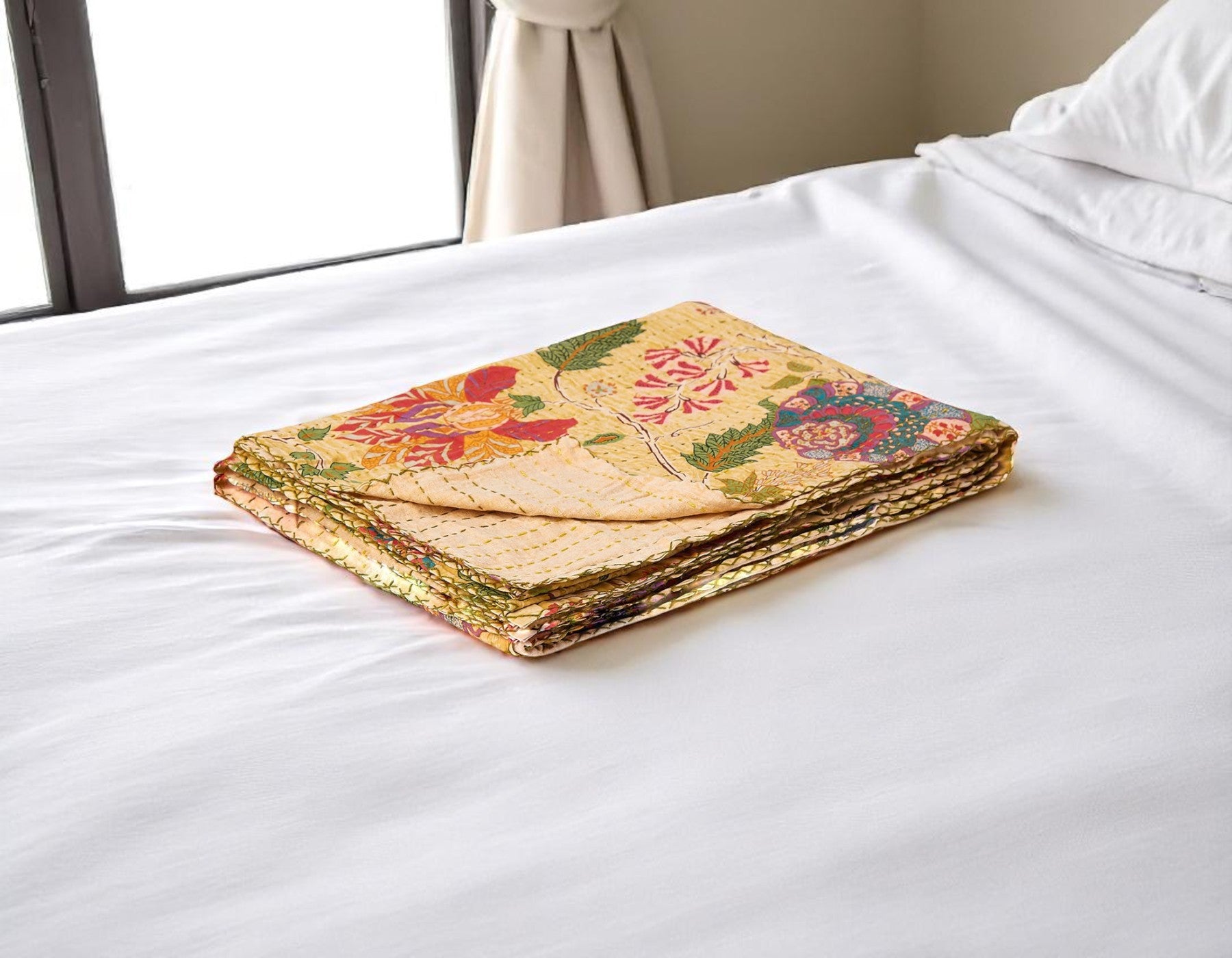 50 X 70 Yellow And Pink Floral Cotton Quilted Kantha Throw Blanket with Embroidery