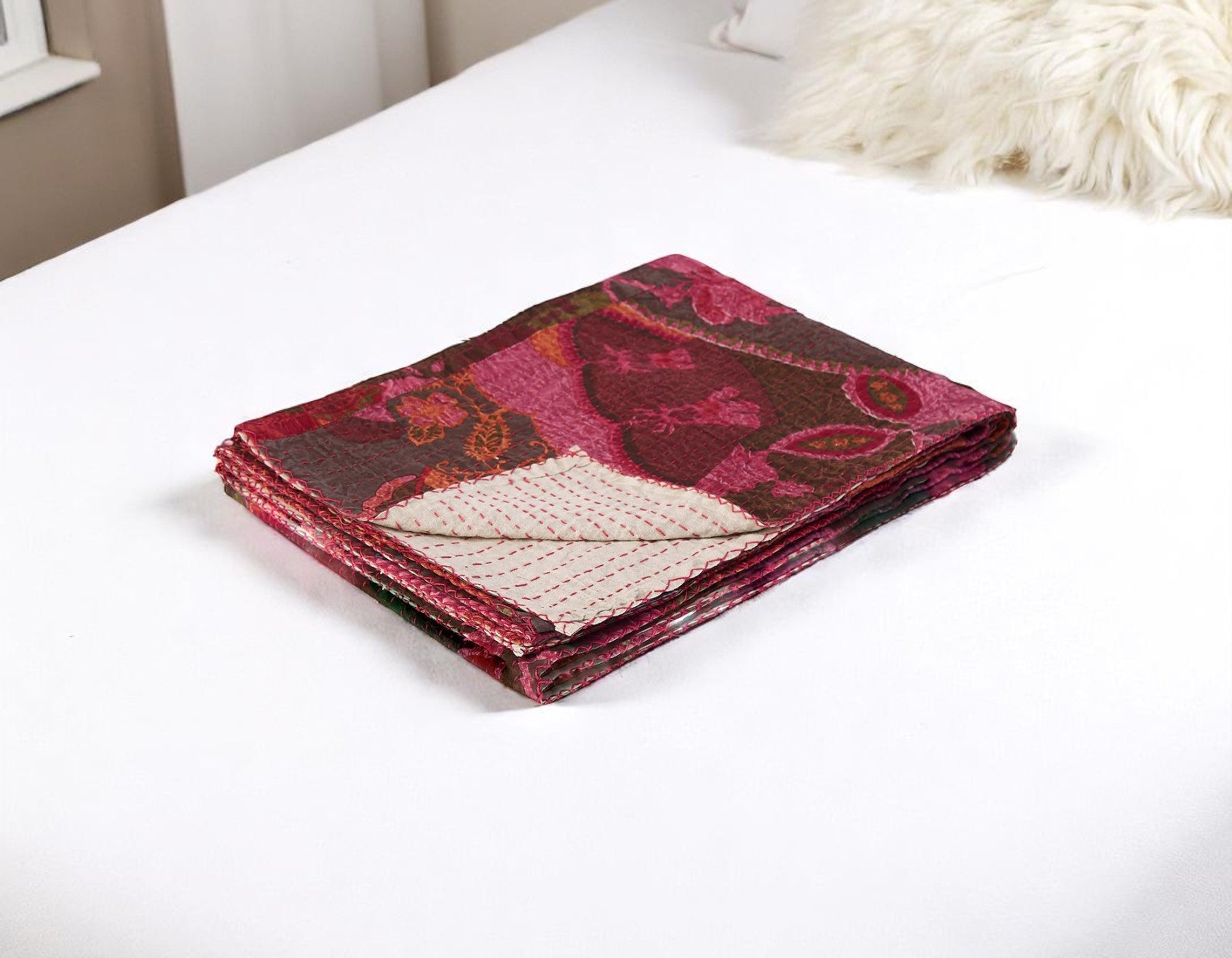 50 X 70 Pink And Red Floral Cotton Quilted Kantha Throw Blanket with Embroidery