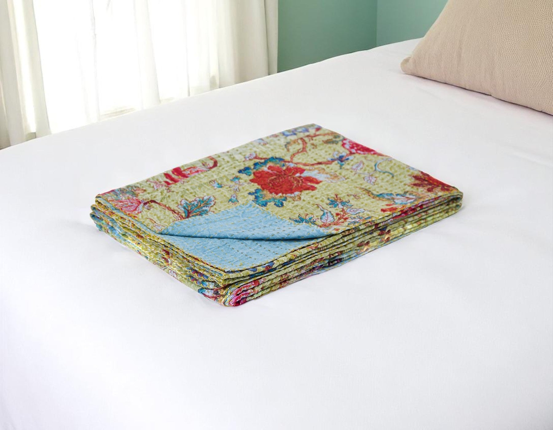 50 X 70 Green And Red Floral Cotton Quilted Kantha Throw Blanket with Embroidery