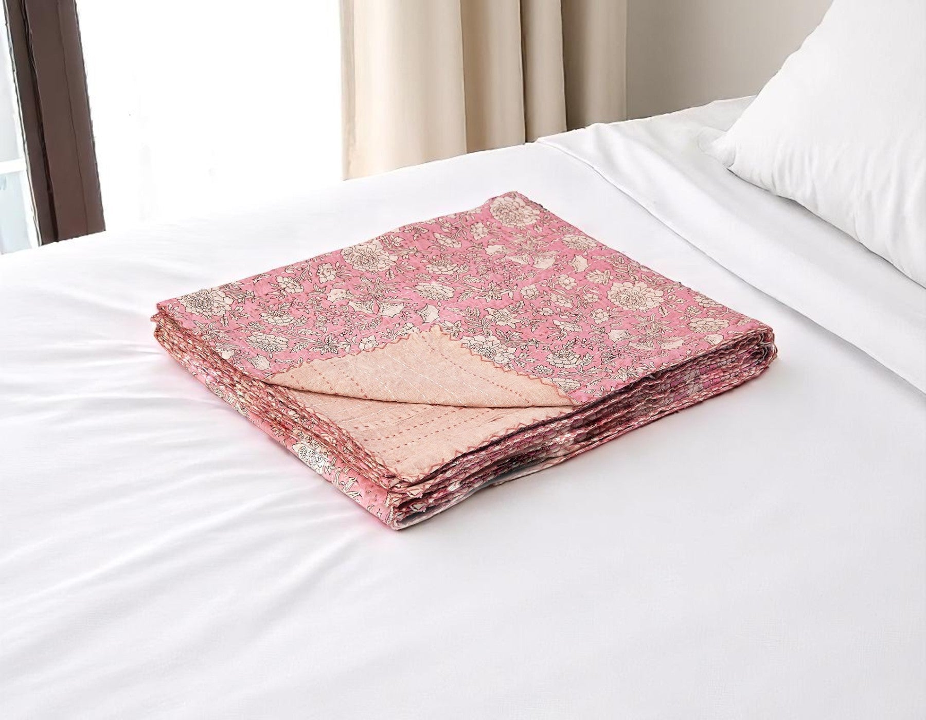 50 X 70 Pink And Blush Floral Cotton Quilted Kantha Throw Blanket with Embroidery