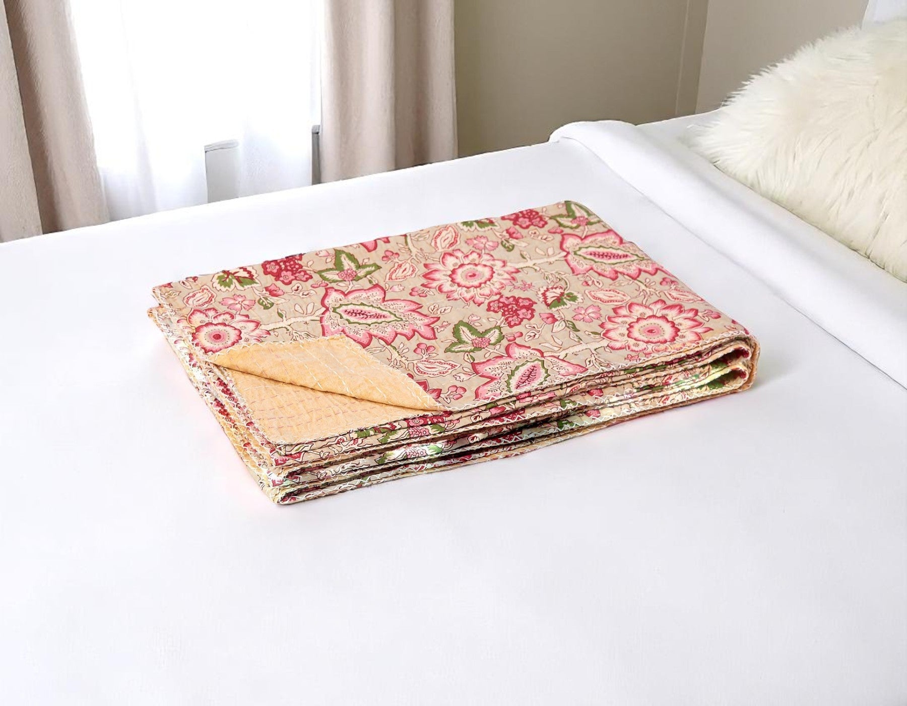50 X 70 Beige And Pink Floral Cotton Quilted Kantha Throw Blanket with Embroidery