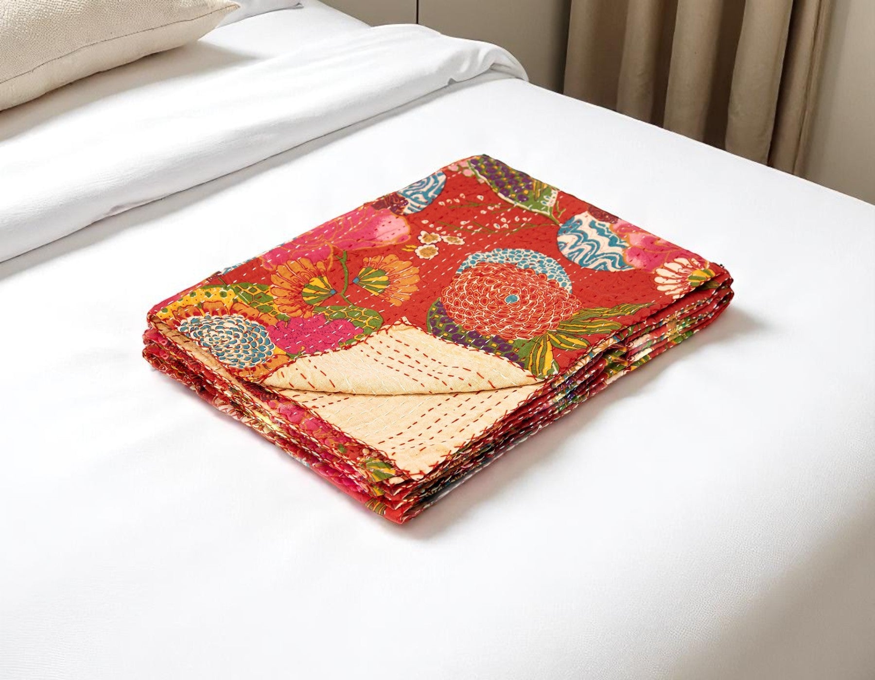 50 X 70 Blue Green And Red Floral Cotton Quilted Kantha Throw Blanket with Embroidery