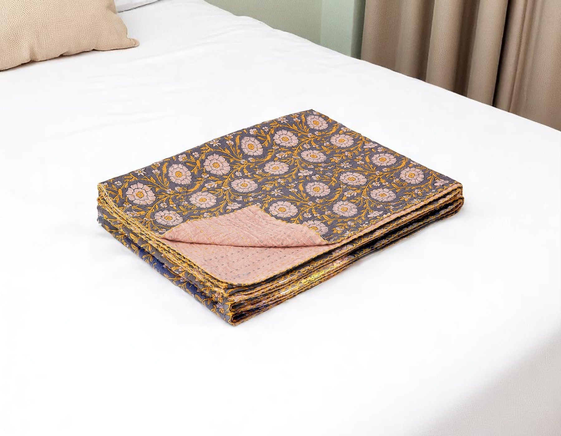 50 X 70 Gray And Yellow Floral Cotton Quilted Kantha Throw Blanket with Embroidery