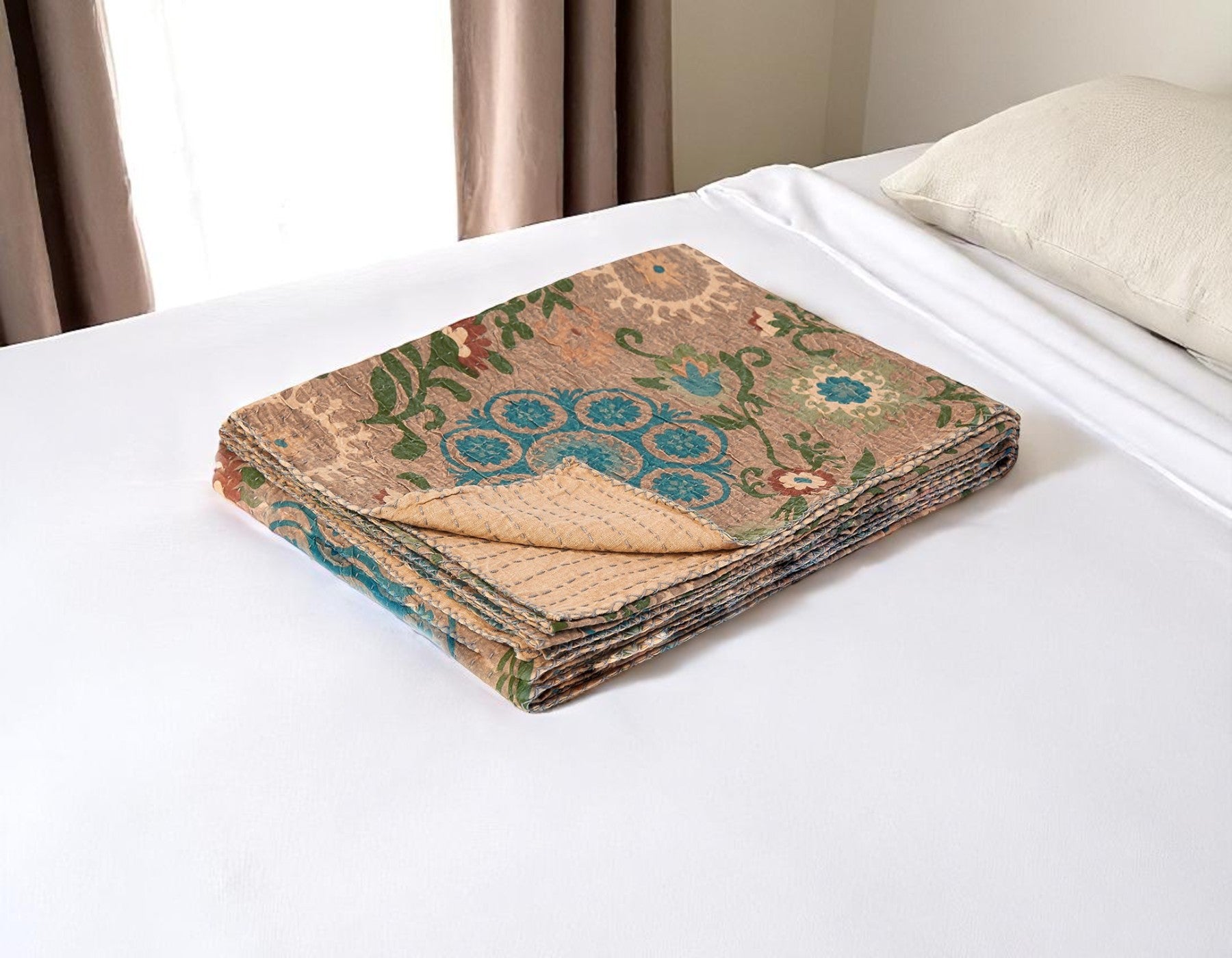 50 X 70 Red And Taupe Floral Cotton Quilted Kantha Throw Blanket with Embroidery