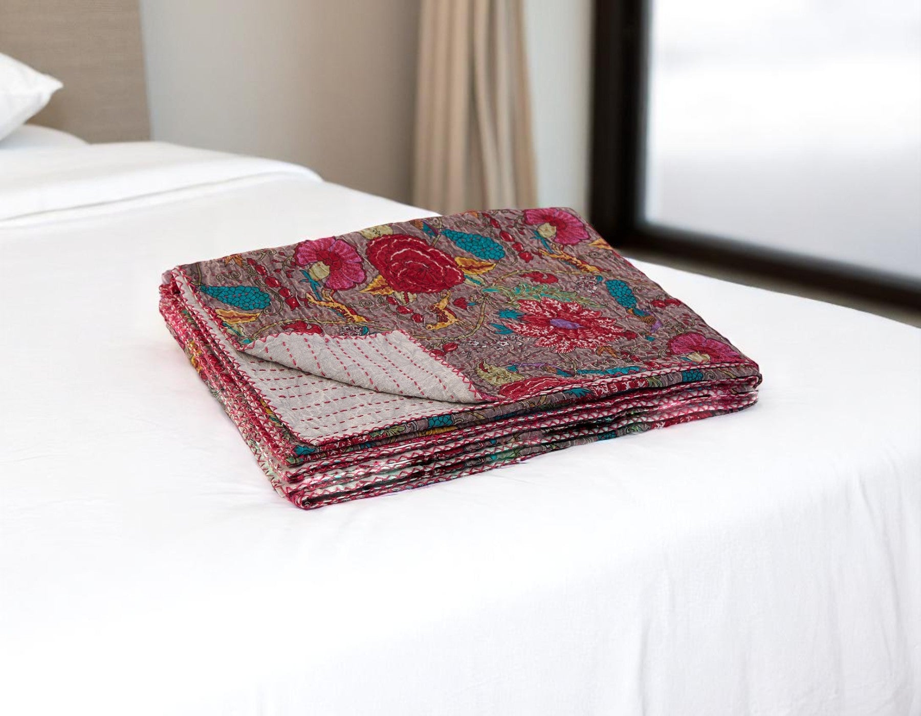 50 X 70 Brown And Red Floral Cotton Quilted Kantha Throw Blanket with Embroidery