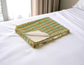 50 X 70 Gold And Green Chevron Cotton Quilted Kantha Throw Blanket with Embroidery