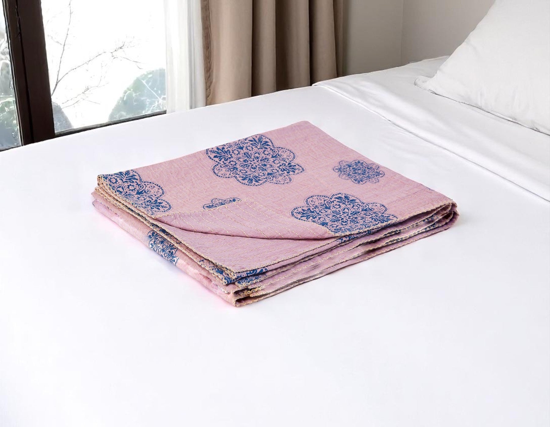 50 X 70 Blue And Pink Floral Cotton Quilted Kantha Throw Blanket with Embroidery