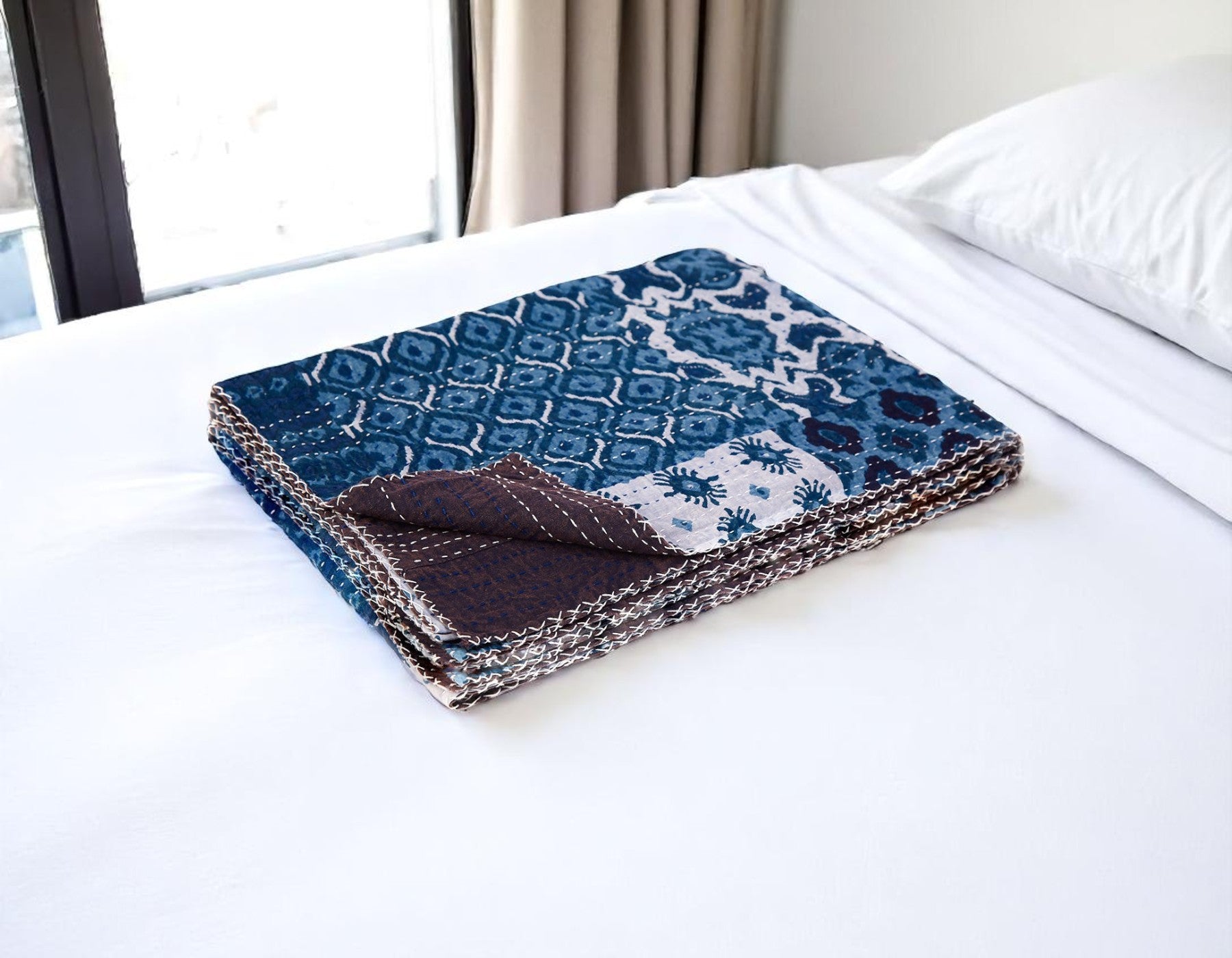 50 X 70 Black And Blue Ikat Cotton Quilted Kantha Throw Blanket with Embroidery