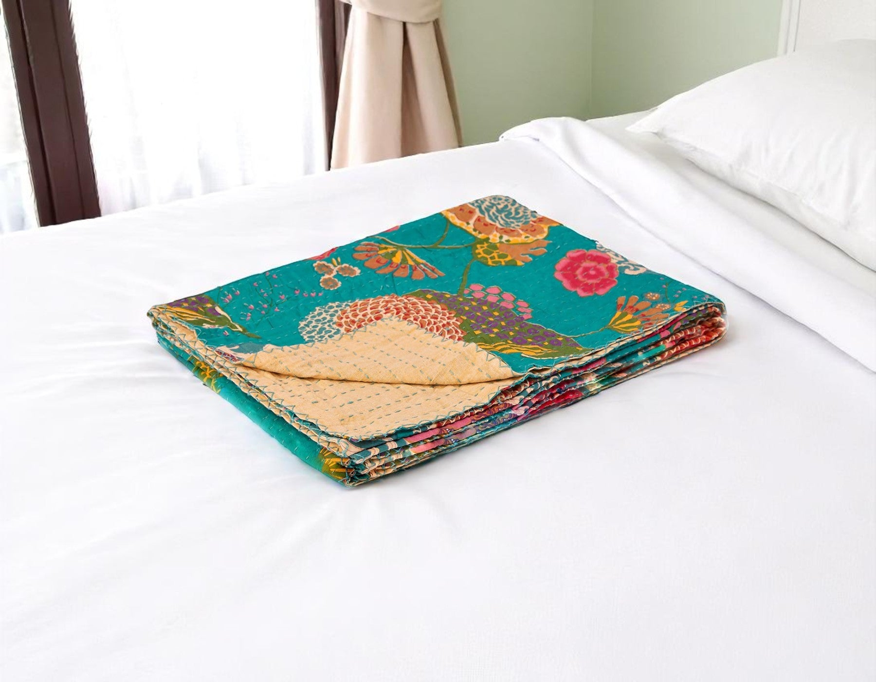 50 X 70 Teal And Pink Floral Cotton Quilted Kantha Throw Blanket with Embroidery