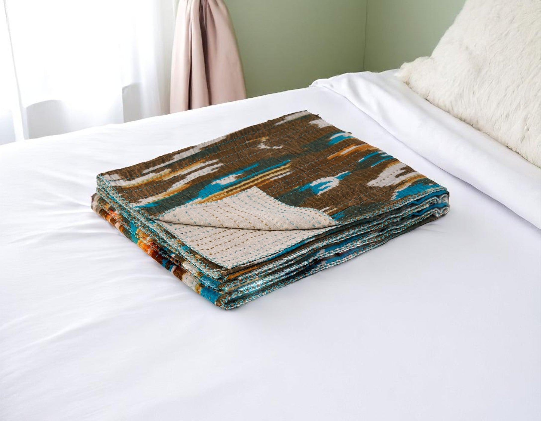 50 X 70 Brown And Blue Ikat Cotton Quilted Kantha Throw Blanket with Embroidery