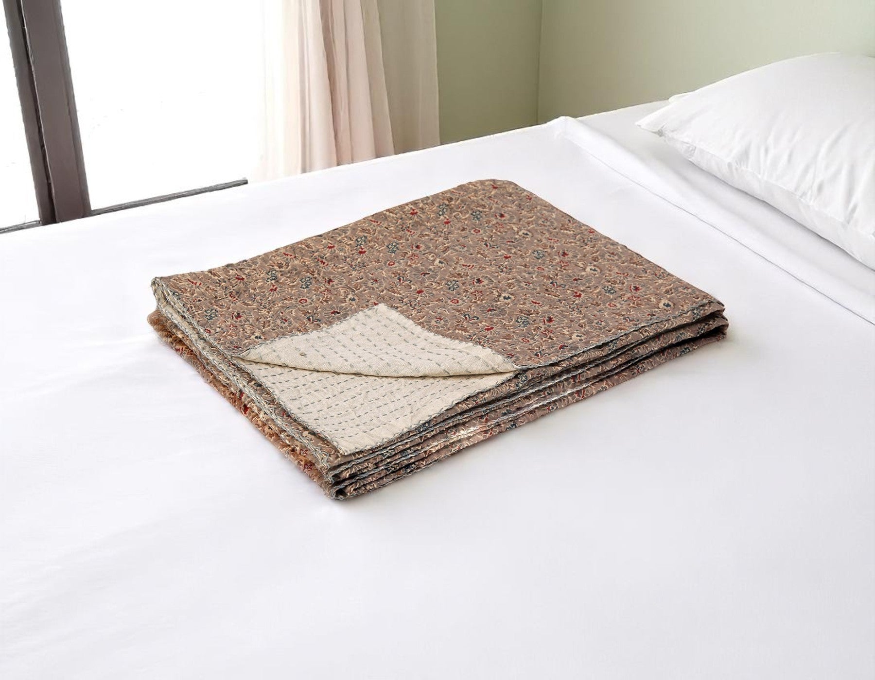 50 X 70 Taupe Gray And Red Floral Cotton Quilted Kantha Throw Blanket with Embroidery