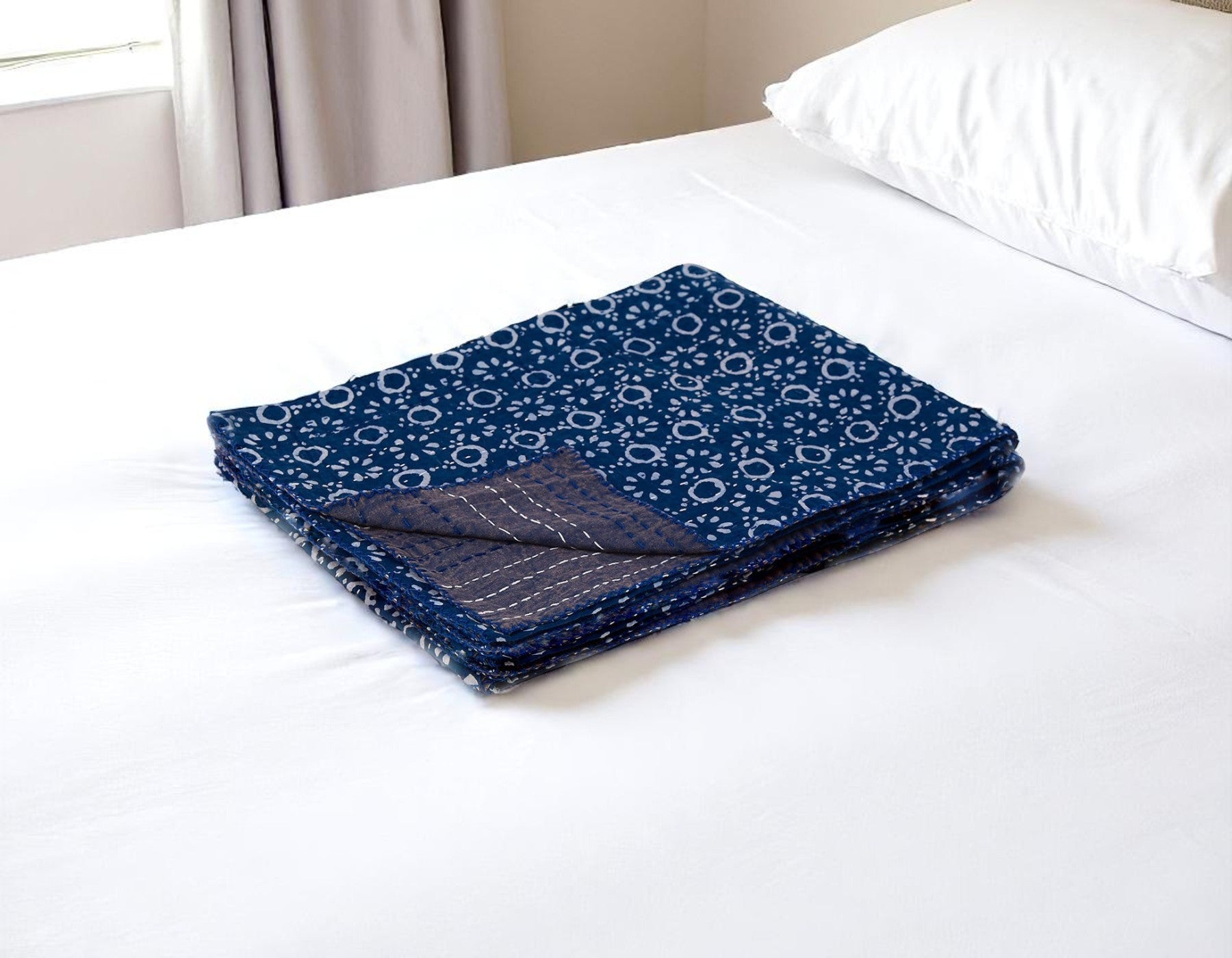 50 X 70 Blue And Off White Geometric Cotton Quilted Kantha Throw Blanket with Embroidery