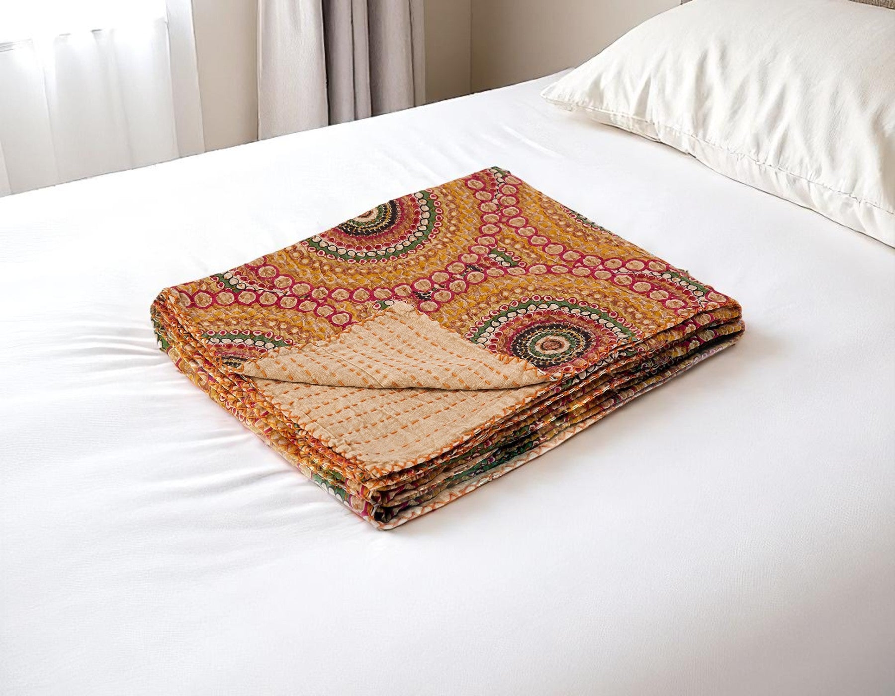 50 X 70 Brown And Beige Abstract Cotton Quilted Kantha Throw Blanket with Embroidery