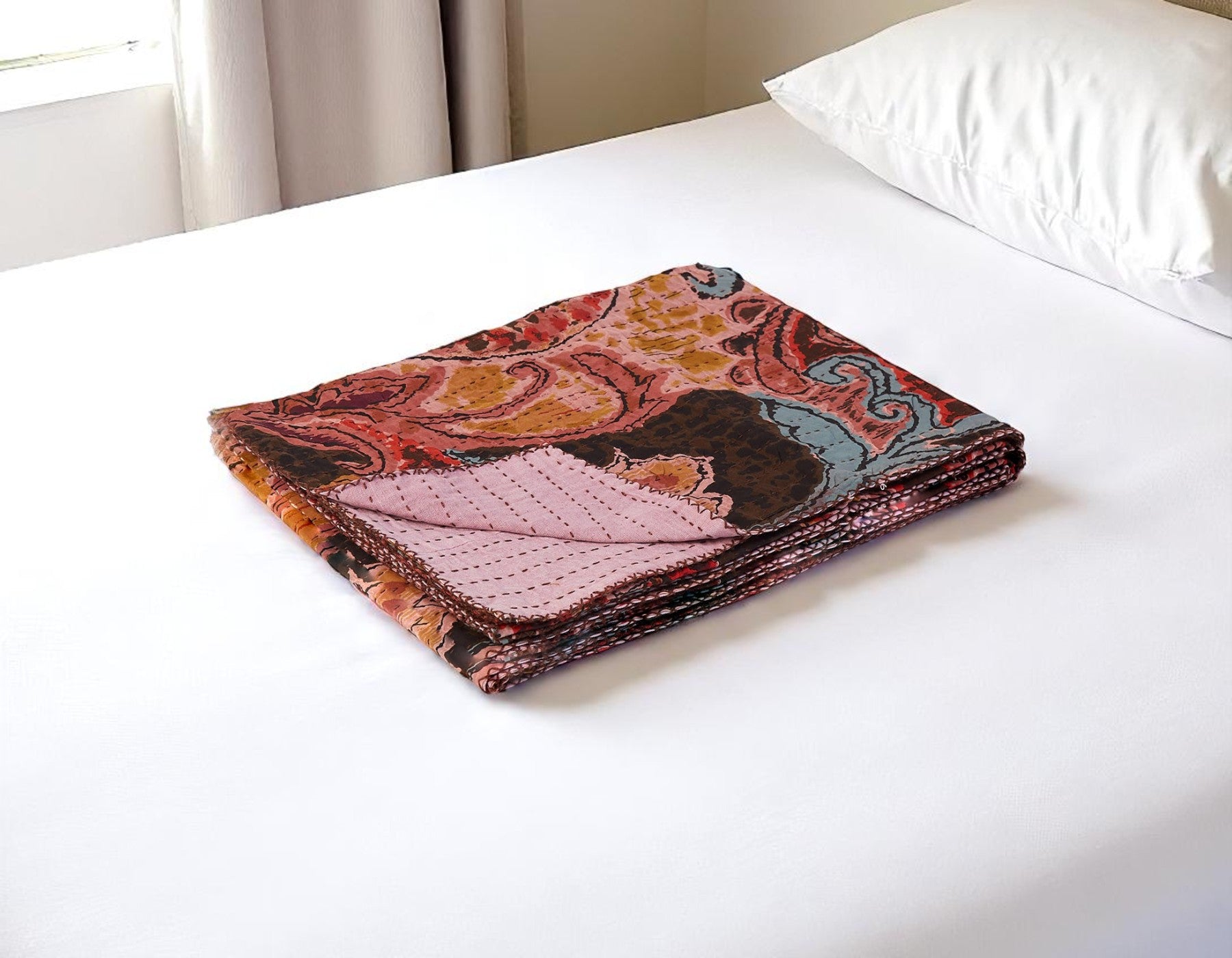 50 X 70 Brown And Pink Floral Cotton Quilted Kantha Throw Blanket with Embroidery