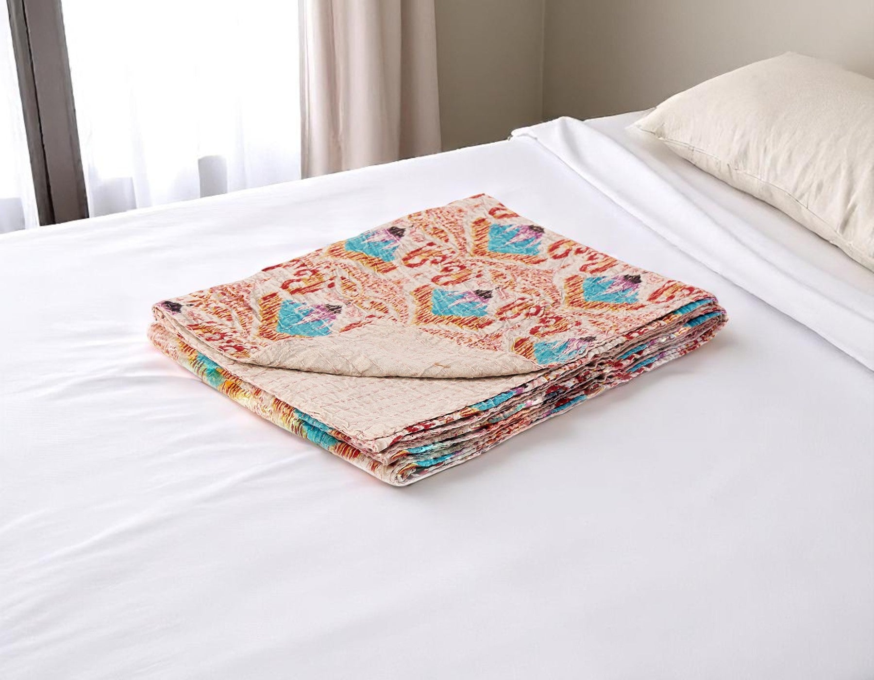 50 X 70 Beige And Pink Ikat Cotton Quilted Kantha Throw Blanket with Embroidery