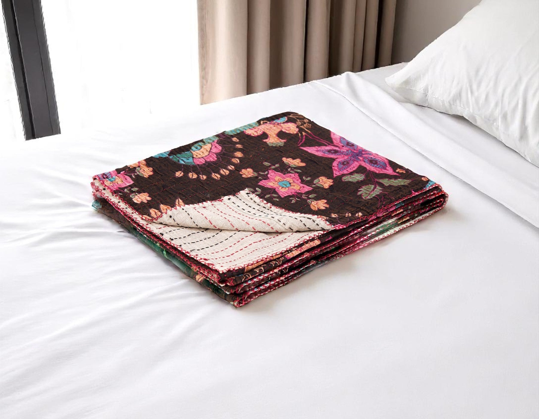50 X 70 Brown And Beige Floral Cotton Quilted Kantha Throw Blanket with Embroidery
