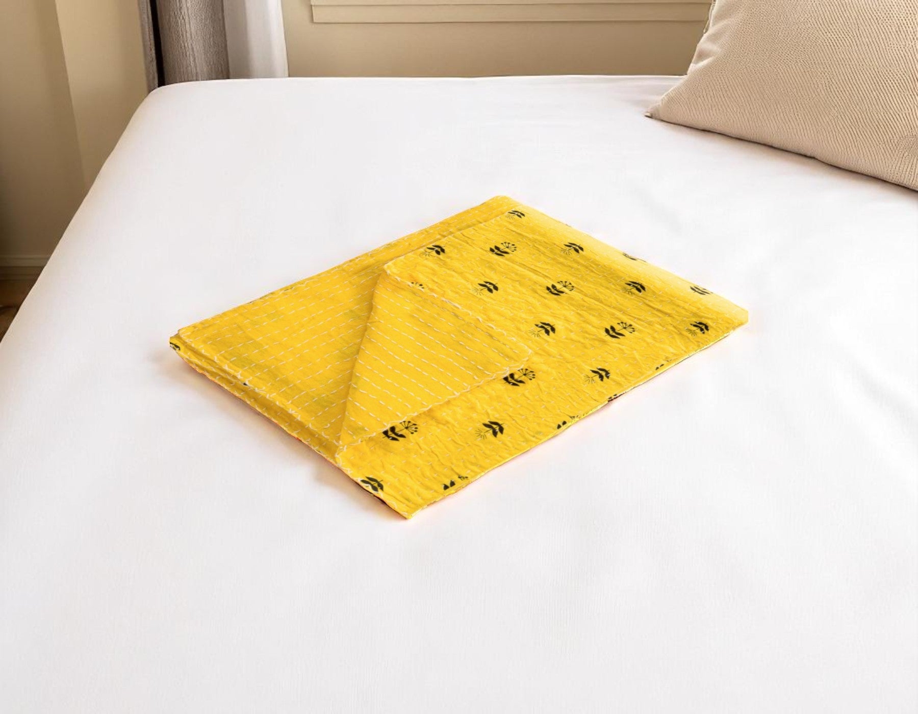 50 X 70 Yellow And Black Floral Cotton Quilted Kantha Throw Blanket with Embroidery