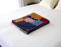 50 X 70 Blue Red And Yellow Patchwork Silk Quilted Kantha Throw Blanket with Embroidery