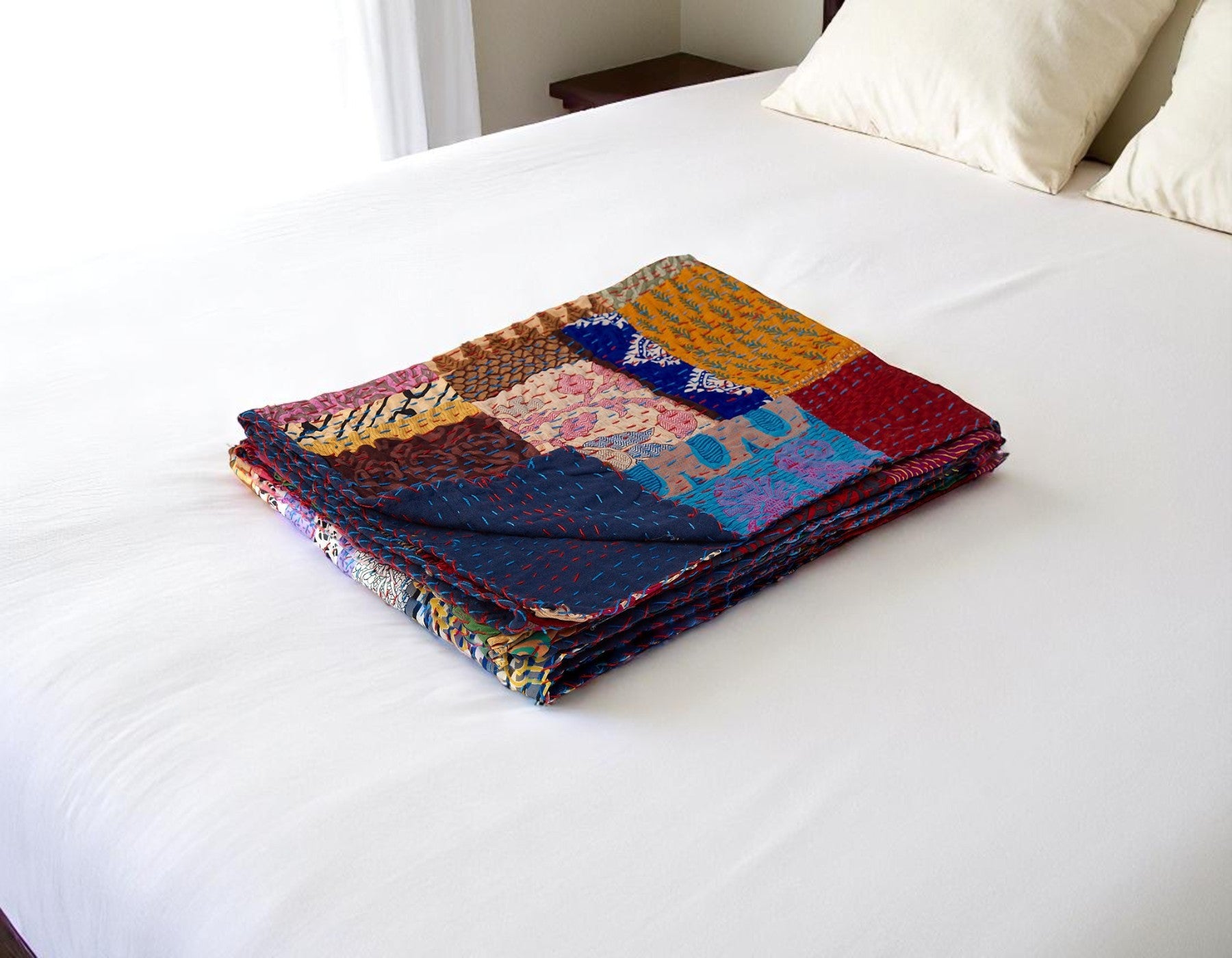 50 X 70 Blue Red And Yellow Patchwork Silk Quilted Kantha Throw Blanket with Embroidery